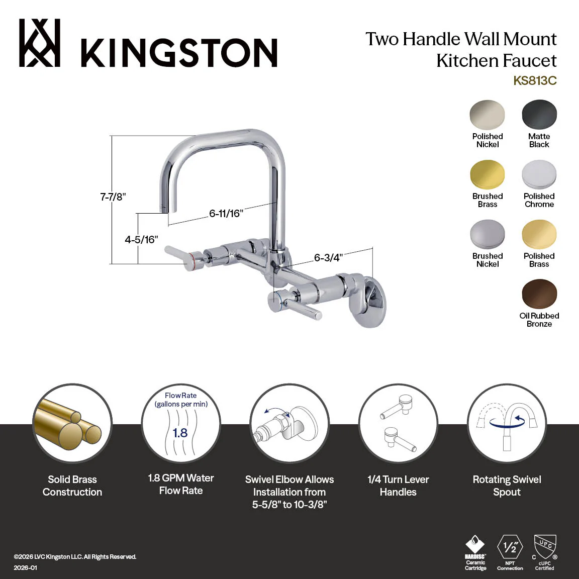 Kingston Sona KS813PB - Concord Two-Handle 2-Hole Wall Mount Bridge Kitchen Faucet, Polished Brass - Image 2