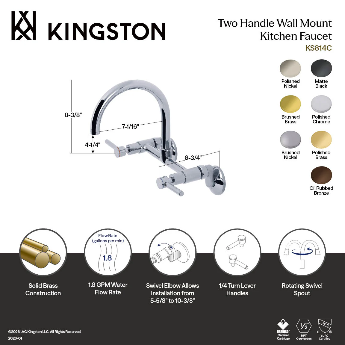 Kingston Sona KS814SN - Concord Two-Handle 2-Hole Wall Mount Bridge Kitchen Faucet, Brushed Nickel - Image 6