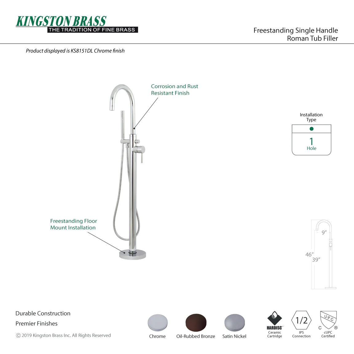 Kingston Sona KS8155DL - Concord Single-Handle 1-Hole Freestanding Tub Faucet with Hand Shower, Oil Rubbed Bronze - Image 5