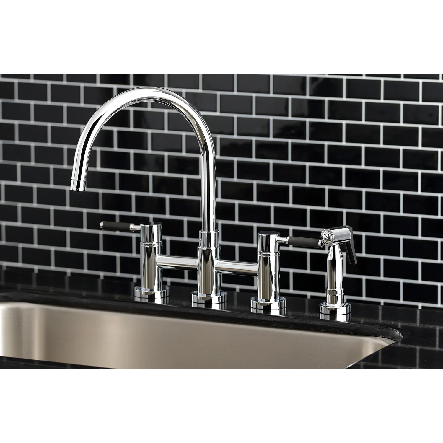 Kingston Sona KS8271DKLBS - Kaiser Two-Handle 4-Hole Deck Mount Bridge Kitchen Faucet with Brass Sprayer, Polished Chrome - Image 6