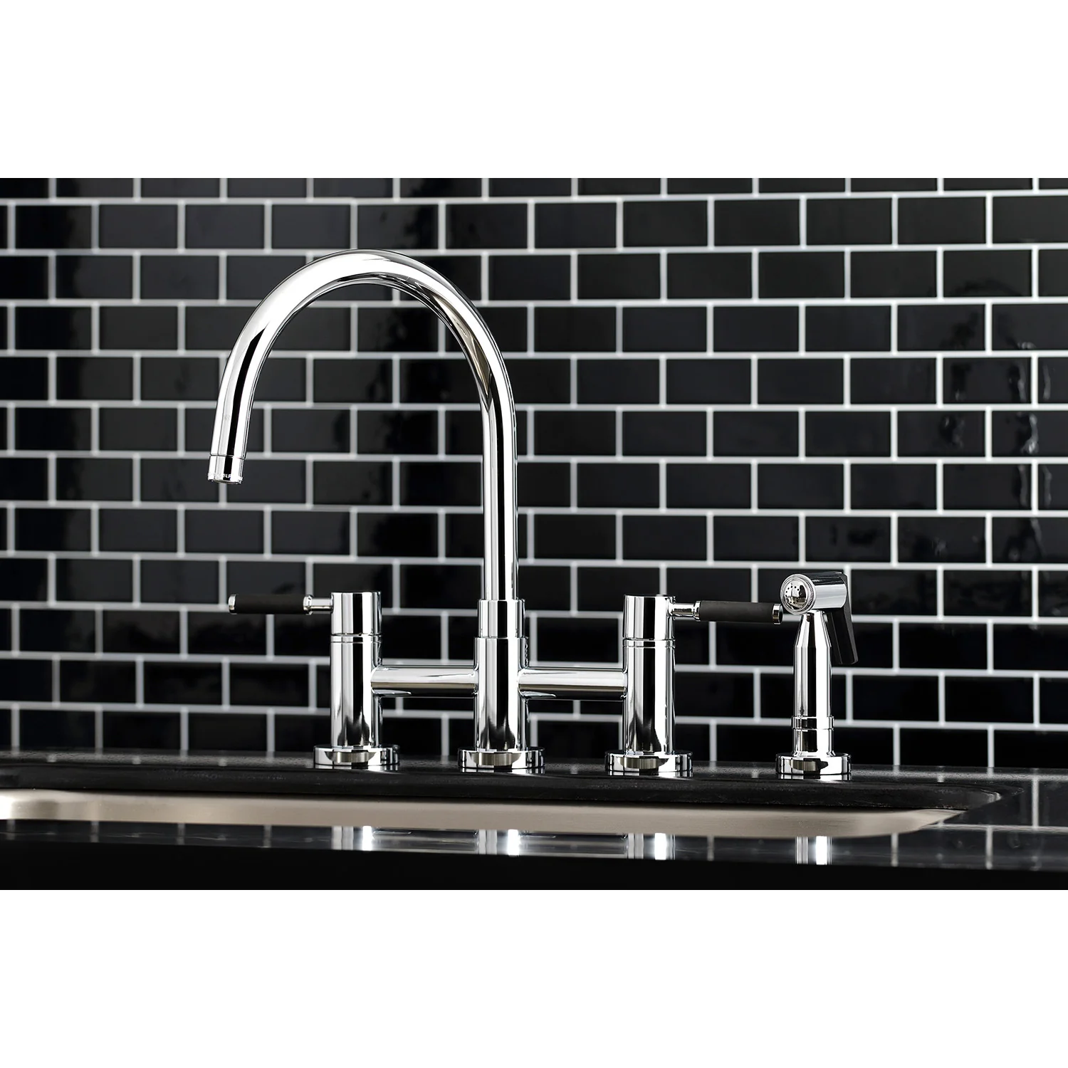Kingston Sona KS8271DKLBS - Kaiser Two-Handle 4-Hole Deck Mount Bridge Kitchen Faucet with Brass Sprayer, Polished Chrome - Image 7