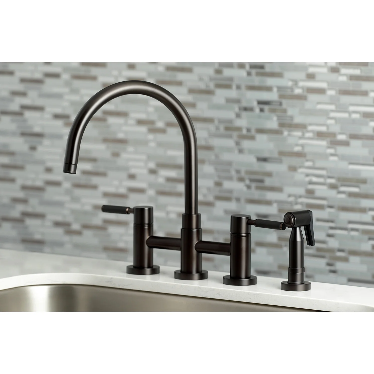 Kingston Sona KS8275DKLBS - Kaiser Two-Handle 4-Hole Deck Mount Bridge Kitchen Faucet with Brass Sprayer, Oil Rubbed Bronze - Image 5