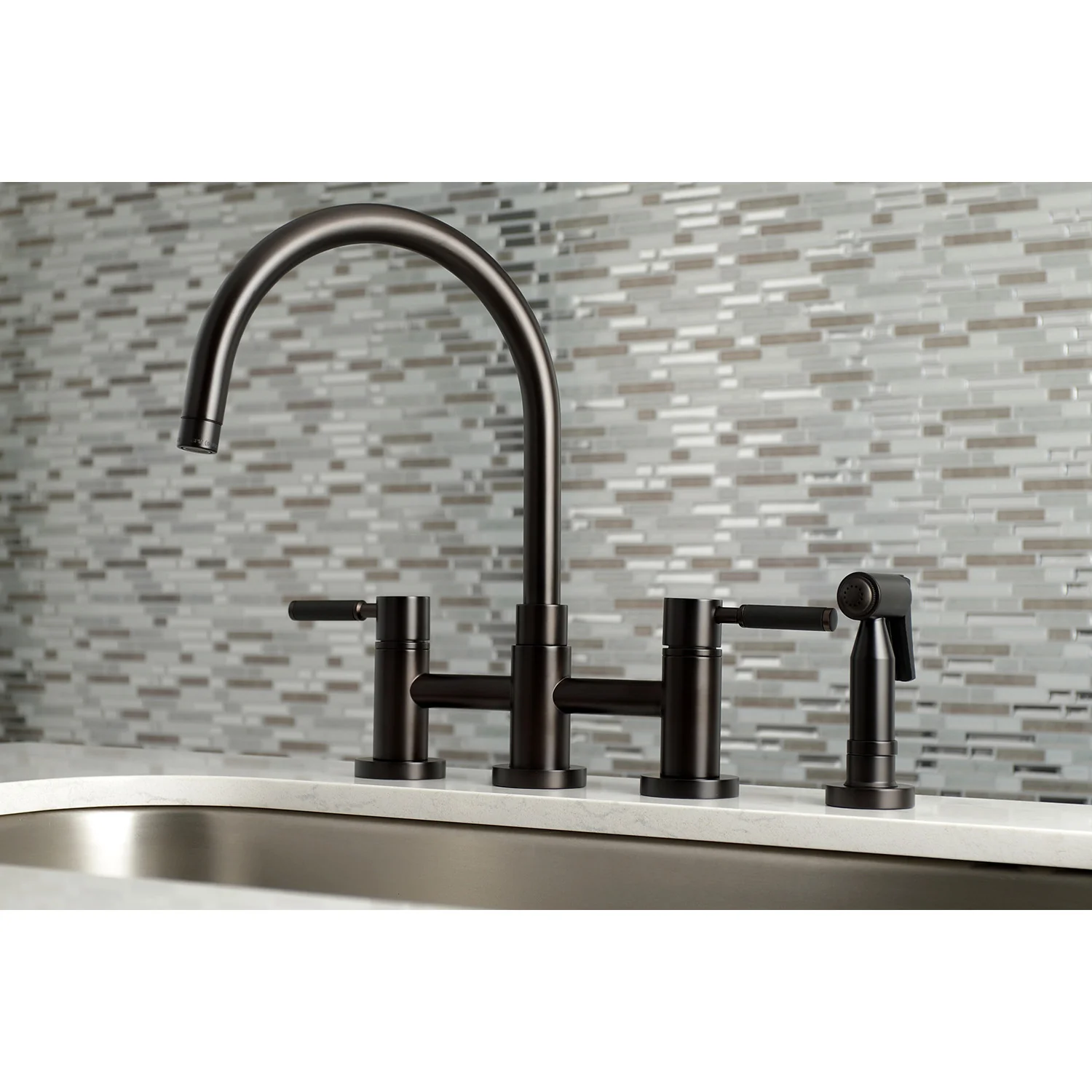 Kingston Sona KS8275DKLBS - Kaiser Two-Handle 4-Hole Deck Mount Bridge Kitchen Faucet with Brass Sprayer, Oil Rubbed Bronze - Image 6