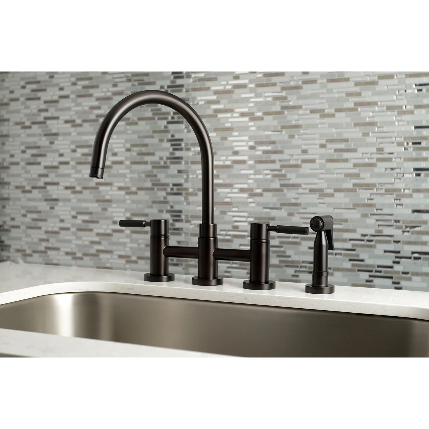 Kingston Sona KS8275DKLBS - Kaiser Two-Handle 4-Hole Deck Mount Bridge Kitchen Faucet with Brass Sprayer, Oil Rubbed Bronze - Image 7