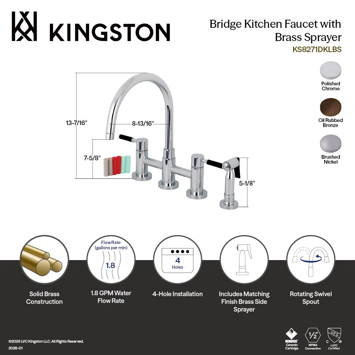Kingston Sona KS8275DKLBS - Kaiser Two-Handle 4-Hole Deck Mount Bridge Kitchen Faucet with Brass Sprayer, Oil Rubbed Bronze - Image 8
