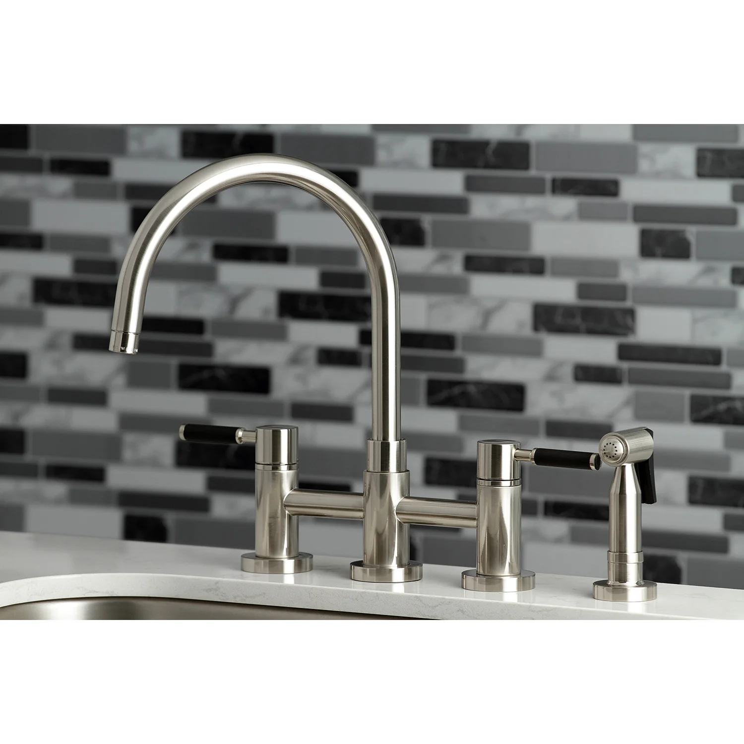 Kingston Sona KS8278DKLBS - Kaiser Two-Handle 4-Hole Deck Mount Bridge Kitchen Faucet with Brass Sprayer, Brushed Nickel - Image 5