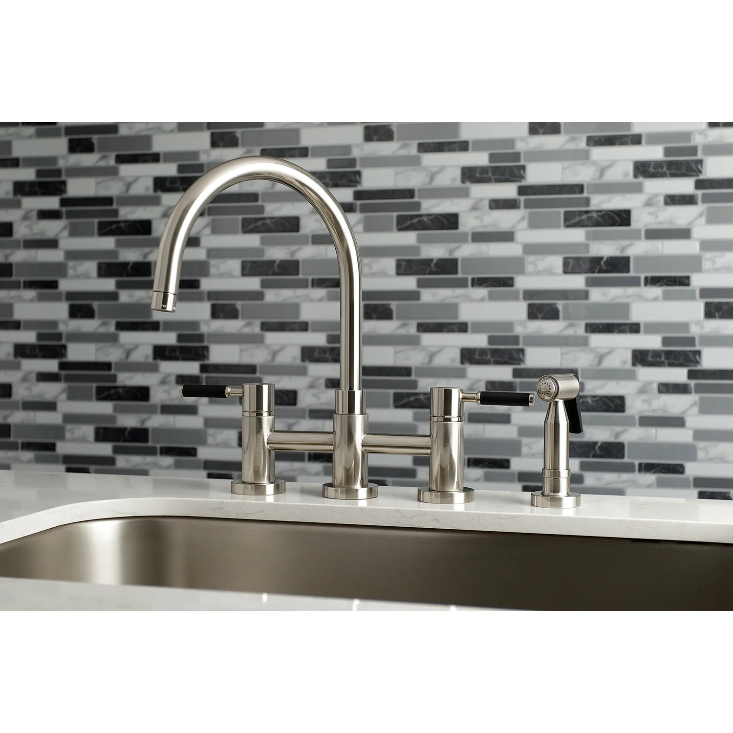 Kingston Sona KS8278DKLBS - Kaiser Two-Handle 4-Hole Deck Mount Bridge Kitchen Faucet with Brass Sprayer, Brushed Nickel - Image 7