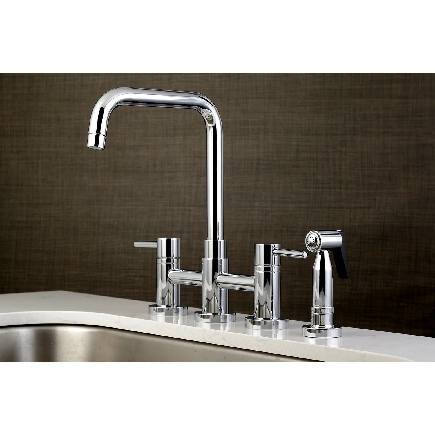 Kingston Sona KS8281DLBS - Concord Two-Handle 4-Hole Deck Mount Bridge Kitchen Faucet with Brass Sprayer, Polished Chrome - Image 3