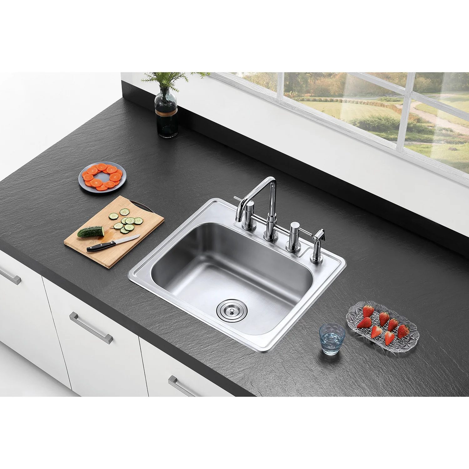 Kingston Sona KS8281DLBS - Concord Two-Handle 4-Hole Deck Mount Bridge Kitchen Faucet with Brass Sprayer, Polished Chrome - Image 6