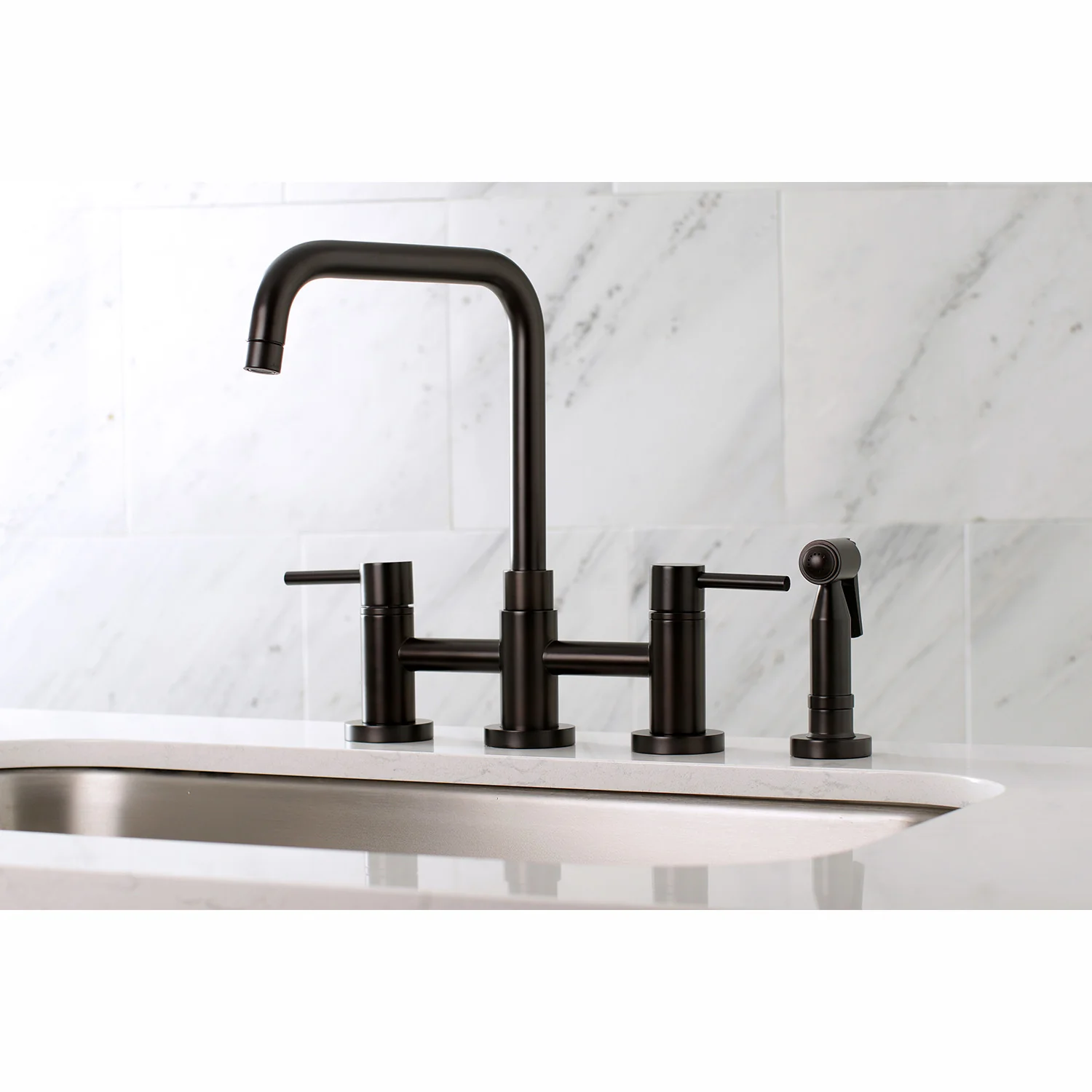Kingston Sona KS8285DLBS - Concord Two-Handle 4-Hole Deck Mount Bridge Kitchen Faucet with Brass Sprayer, Oil Rubbed Bronze - Image 2