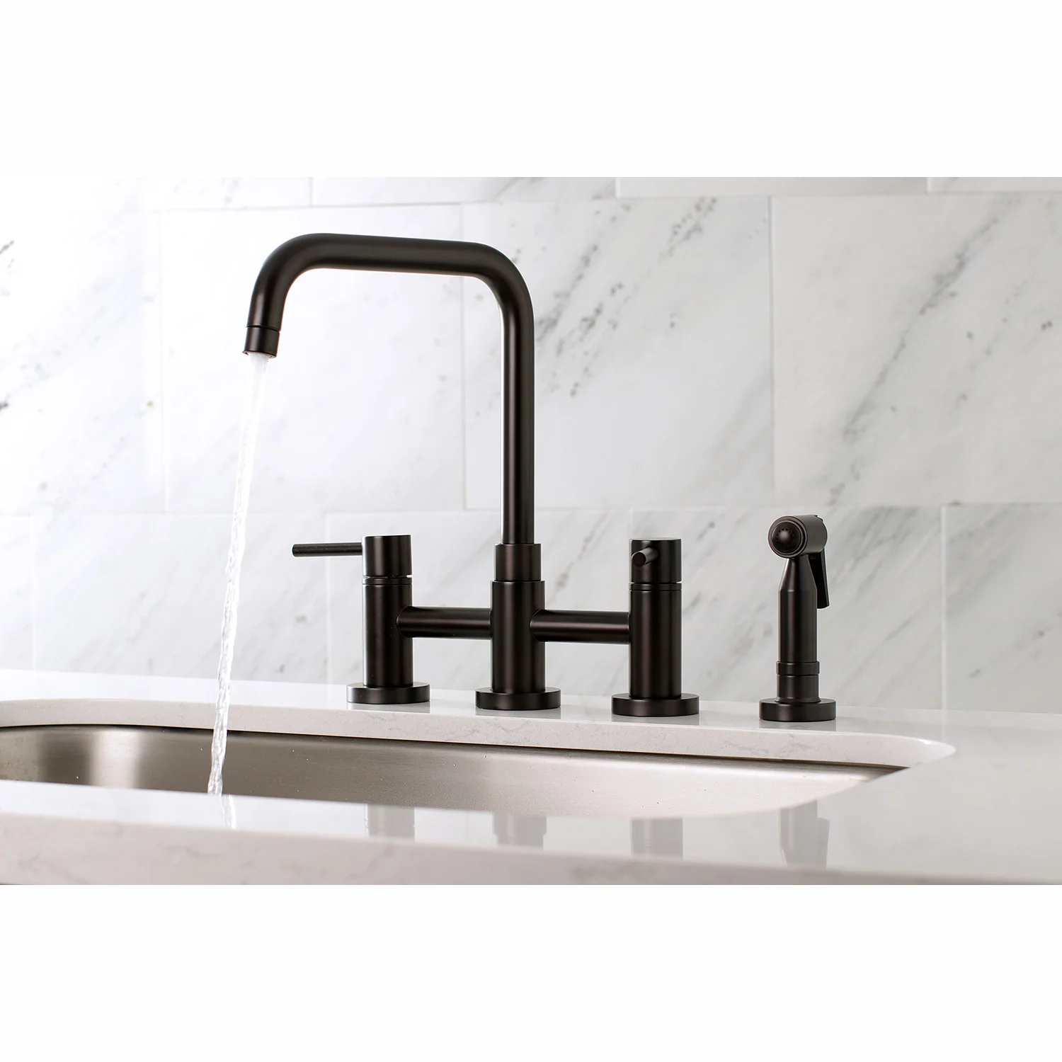 Kingston Sona KS8285DLBS - Concord Two-Handle 4-Hole Deck Mount Bridge Kitchen Faucet with Brass Sprayer, Oil Rubbed Bronze - Image 5