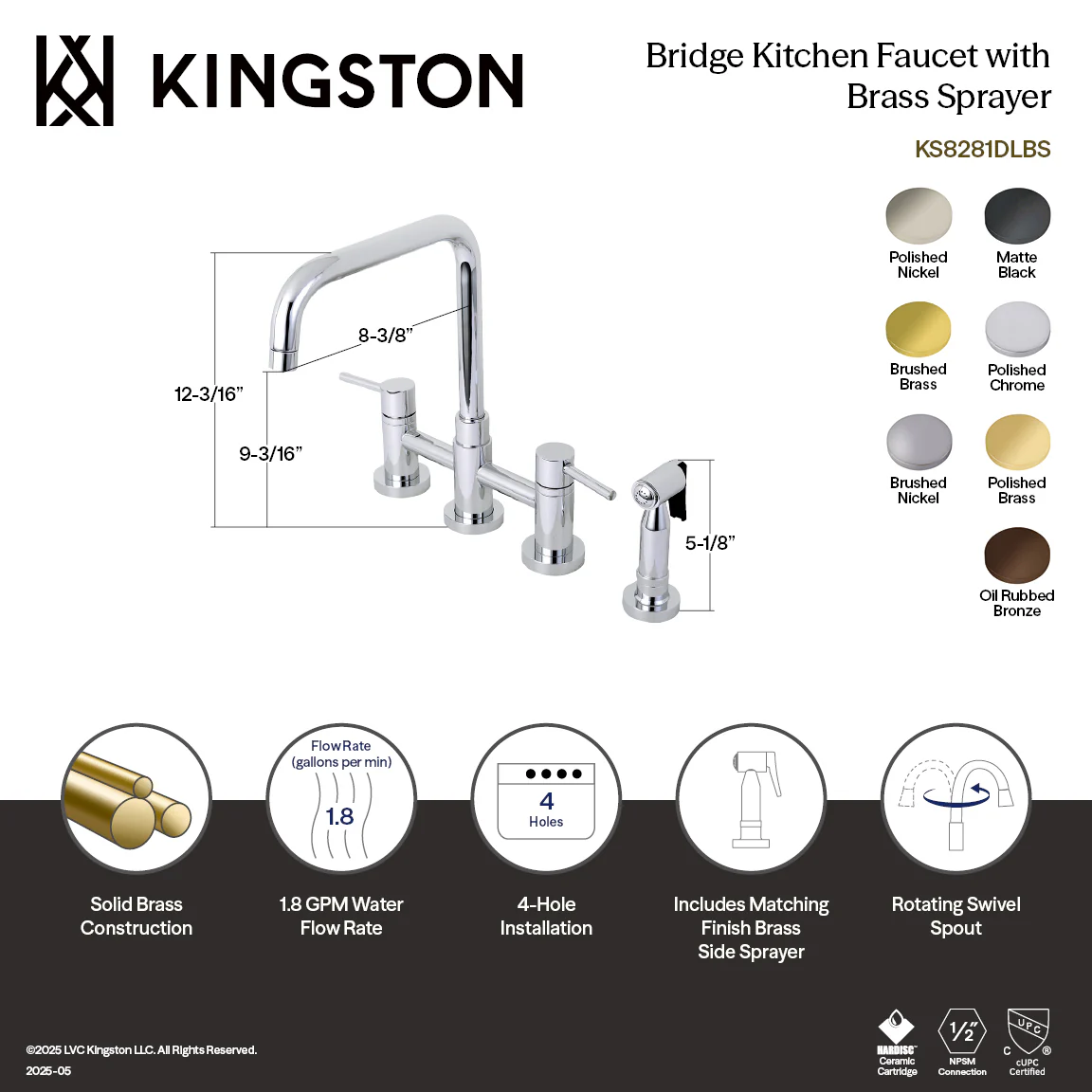 Kingston Sona KS8287DLBS - Concord Two-Handle 4-Hole Deck Mount Bridge Kitchen Faucet with Brass Sprayer, Brushed Brass - Image 2