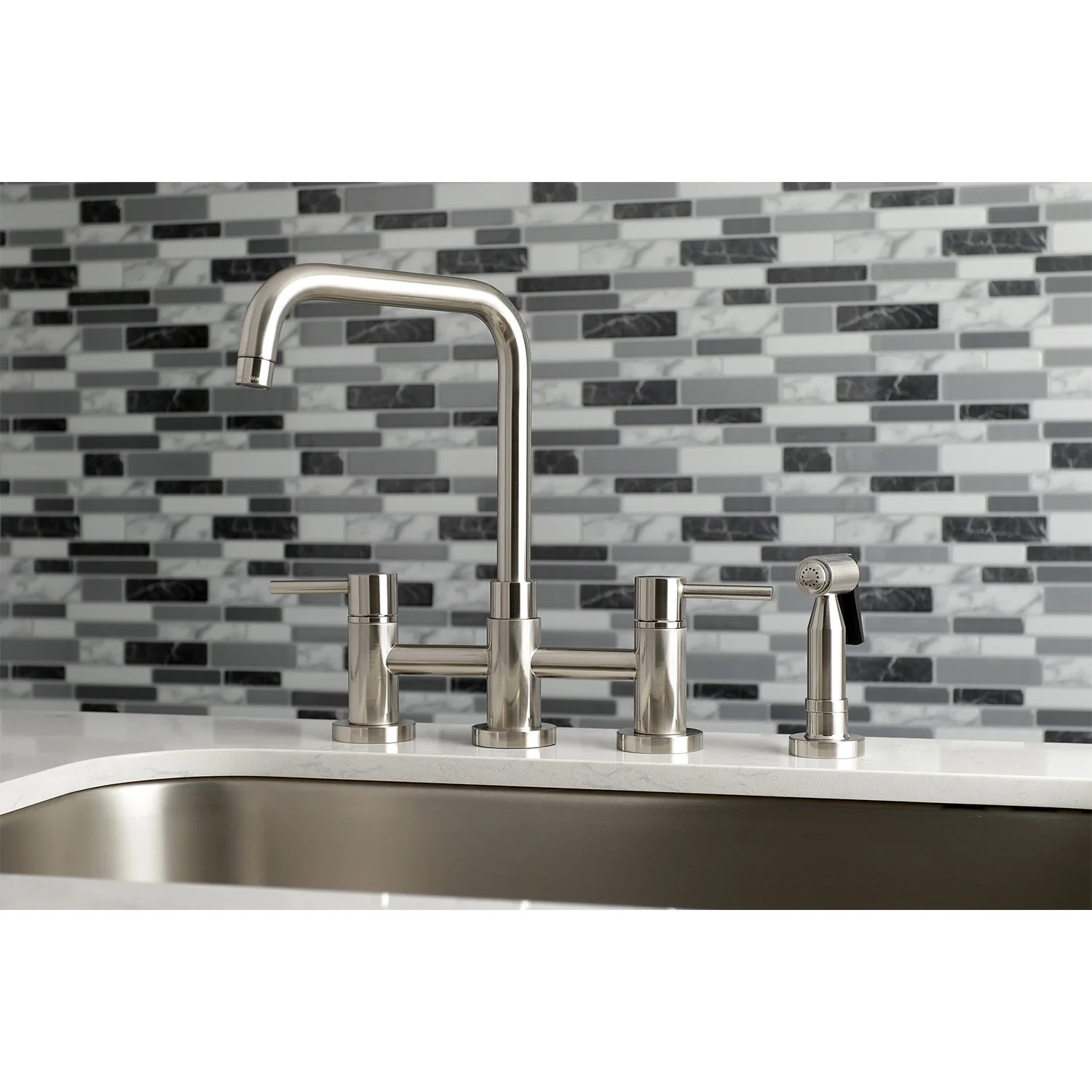 Kingston Sona KS8288DLBS - Concord Two-Handle 4-Hole Deck Mount Bridge Kitchen Faucet with Brass Sprayer, Brushed Nickel - Image 12
