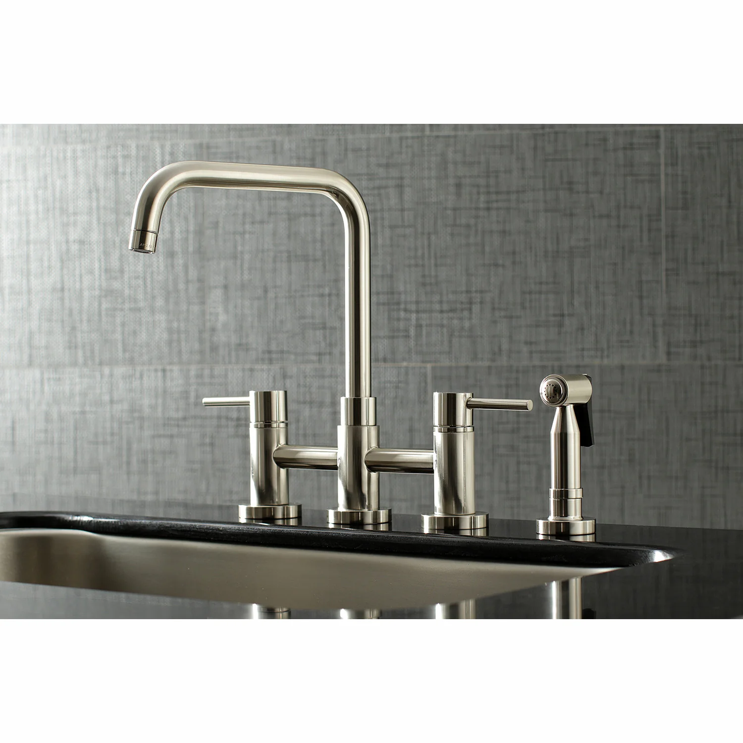 Kingston Sona KS8288DLBS - Concord Two-Handle 4-Hole Deck Mount Bridge Kitchen Faucet with Brass Sprayer, Brushed Nickel - Image 2