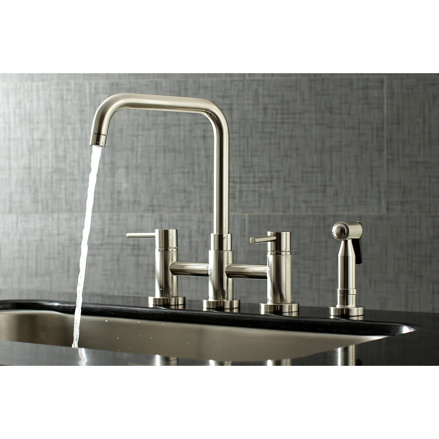 Kingston Sona KS8288DLBS - Concord Two-Handle 4-Hole Deck Mount Bridge Kitchen Faucet with Brass Sprayer, Brushed Nickel - Image 5