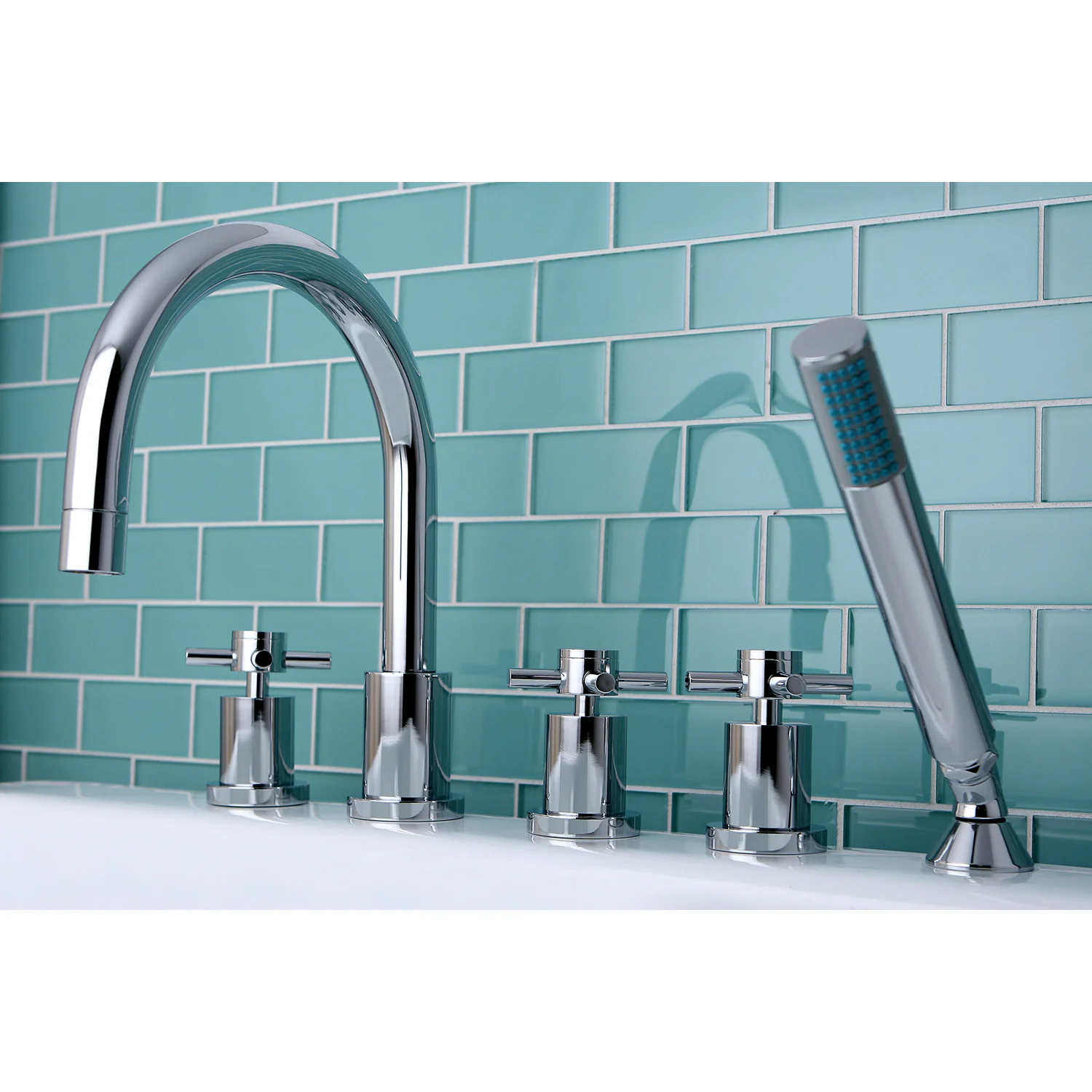 Kingston Sona KS83215DX - Concord Three-Handle 5-Hole Deck Mount Roman Tub Faucet with Hand Shower, Polished Chrome - Image 2