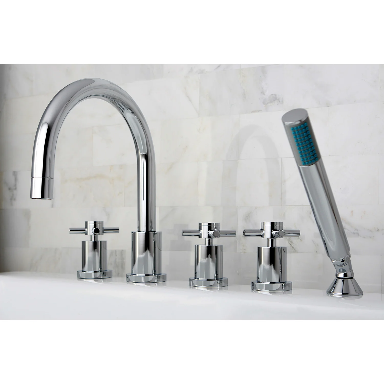 Kingston Sona KS83215DX - Concord Three-Handle 5-Hole Deck Mount Roman Tub Faucet with Hand Shower, Polished Chrome - Image 3