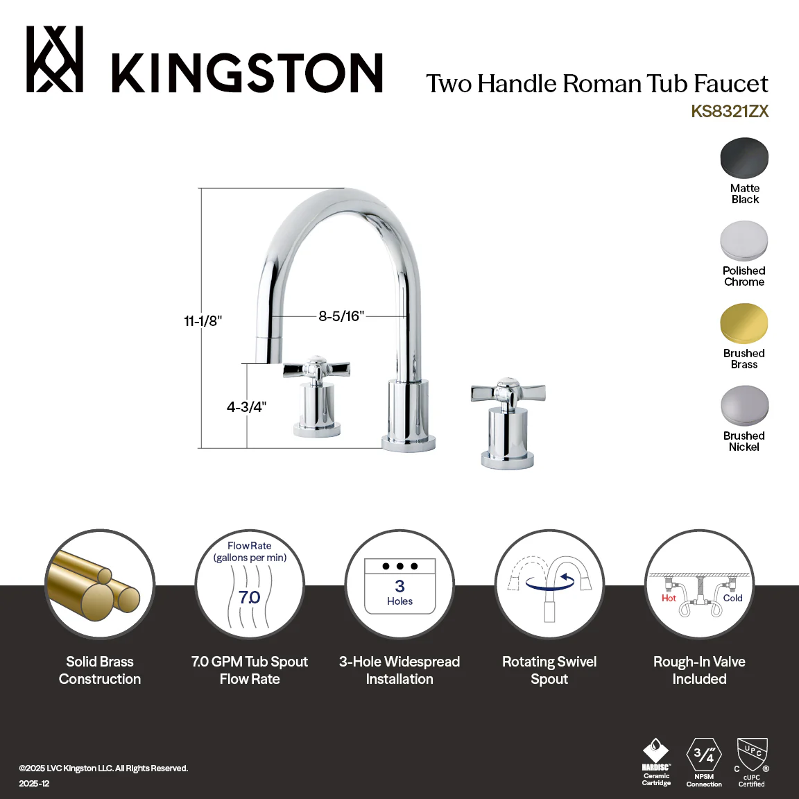 Kingston Tulare KS8321ZX - Millennium Two-Handle 3-Hole Deck Mount Roman Tub Faucet, Polished Chrome - Image 3