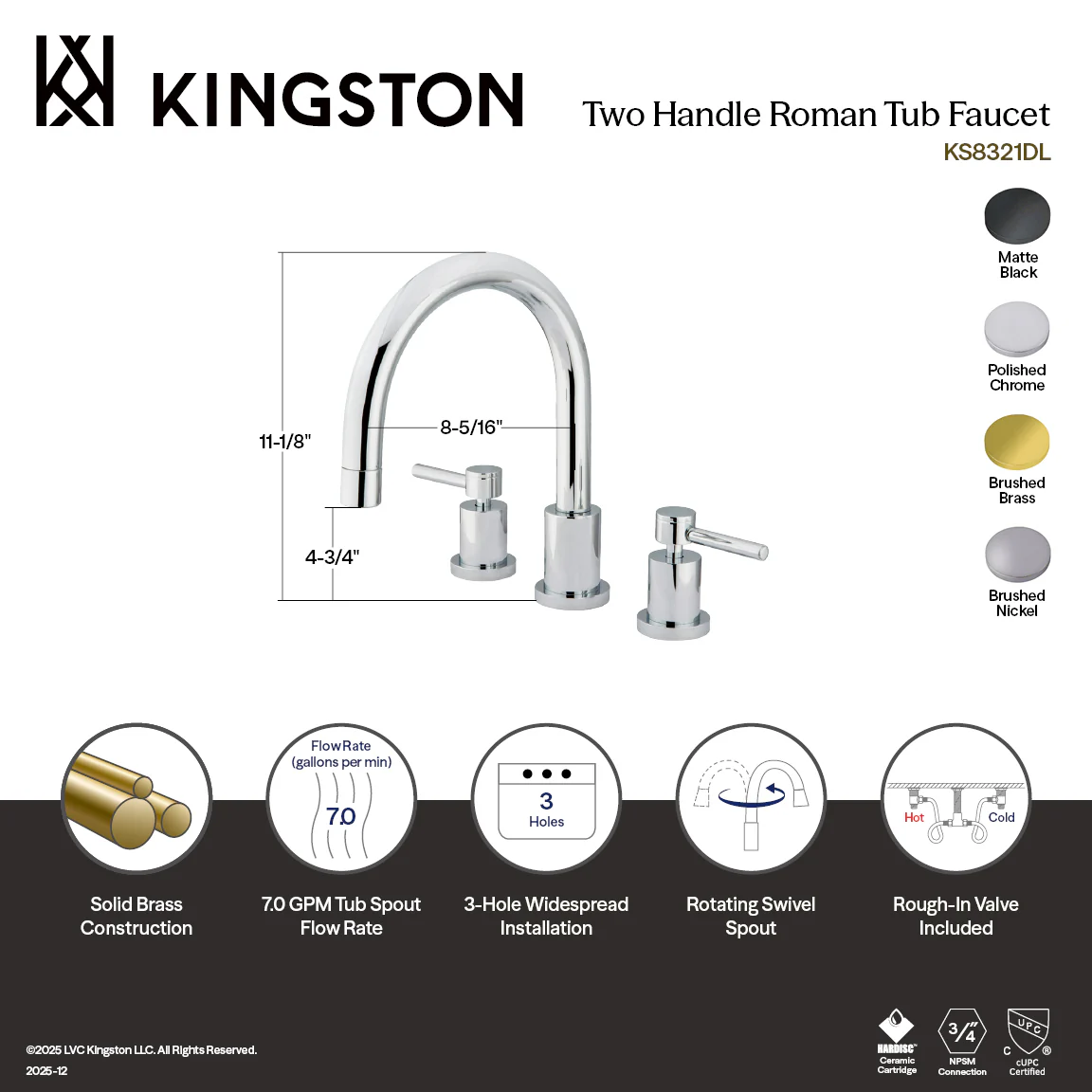 Kingston Sona KS8328DL - Concord Two-Handle 3-Hole Deck Mount Roman Tub Faucet, Brushed Nickel - Image 2
