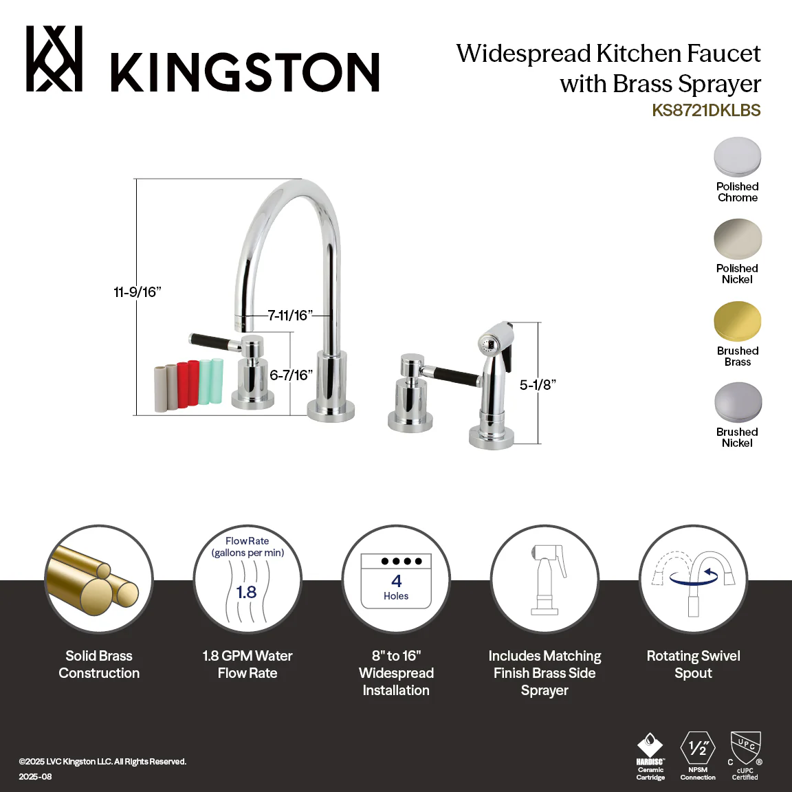 Kingston Sona KS8721DKLBS - Kaiser Double-Handle 4-Hole Widespread Kitchen Faucet with Brass Sprayer, Polished Chrome - Image 2