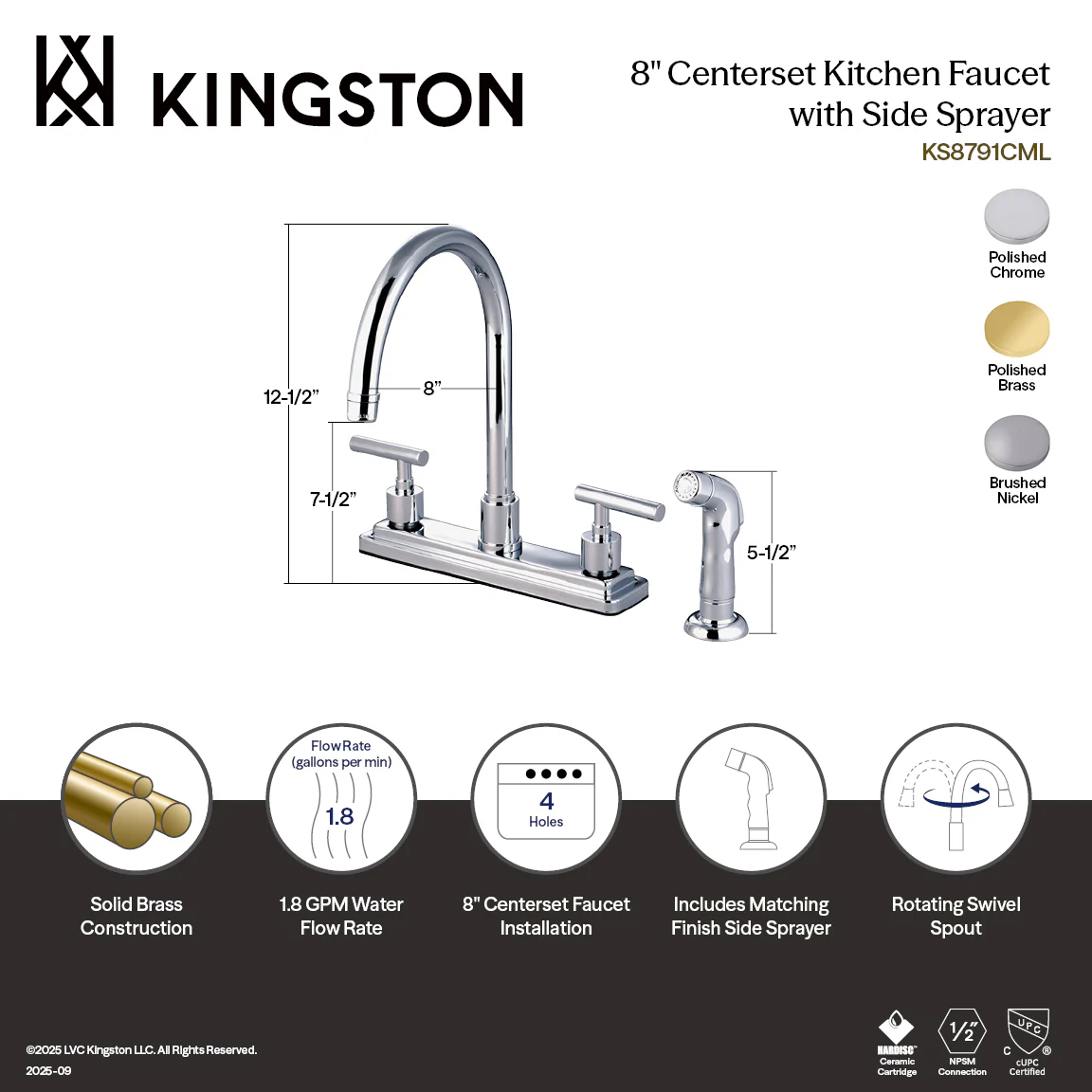 Kingston Sona KS8791CML - Manhattan Two-Handle 4-Hole 8" Centerset Kitchen Faucet with Side Sprayer, Polished Chrome - Image 2