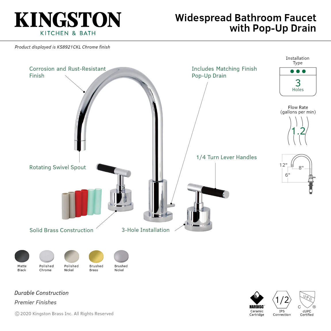 Kingston Sona KS8928CKL - Kaiser Two-Handle 3-Hole Deck Mount Widespread Bathroom Faucet with Brass Pop-Up, Brushed Nickel - Image 10