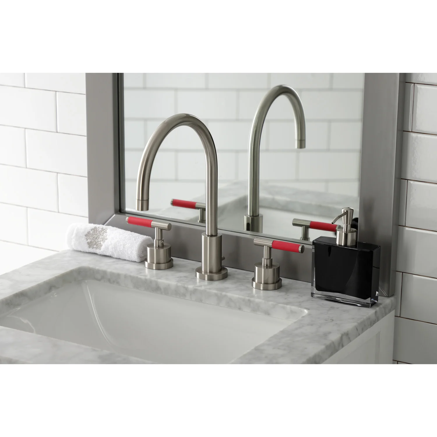 Kingston Sona KS8928CKL - Kaiser Two-Handle 3-Hole Deck Mount Widespread Bathroom Faucet with Brass Pop-Up, Brushed Nickel - Image 4