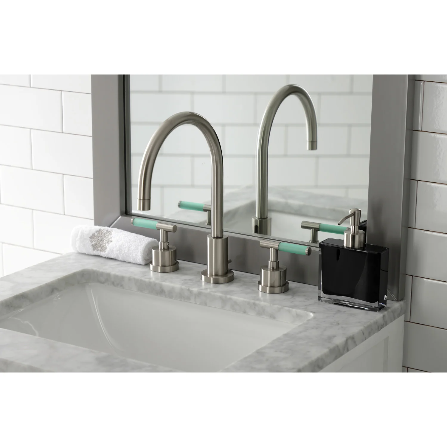 Kingston Sona KS8928CKL - Kaiser Two-Handle 3-Hole Deck Mount Widespread Bathroom Faucet with Brass Pop-Up, Brushed Nickel - Image 5