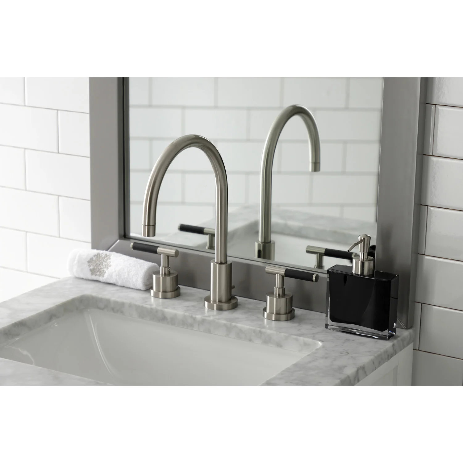 Kingston Sona KS8928CKL - Kaiser Two-Handle 3-Hole Deck Mount Widespread Bathroom Faucet with Brass Pop-Up, Brushed Nickel - Image 9