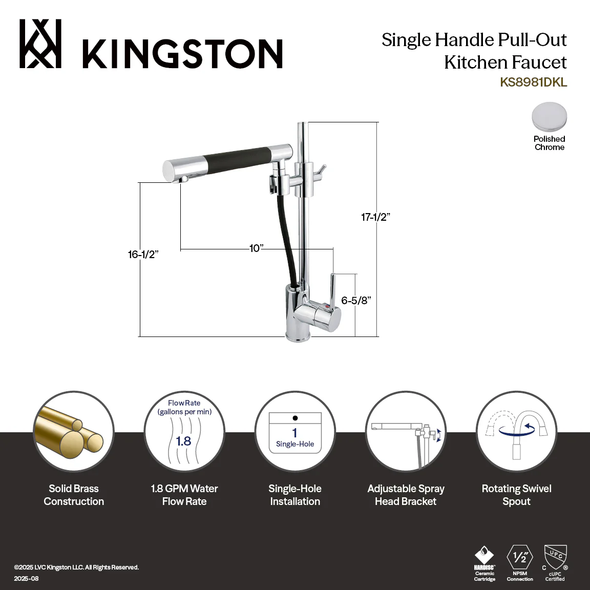 Kingston Sona KS8981DKL - Concord Single-Handle 1-Hole Deck Mount Pull-Out Sprayer Kitchen Faucet, Polished Chrome - Image 4