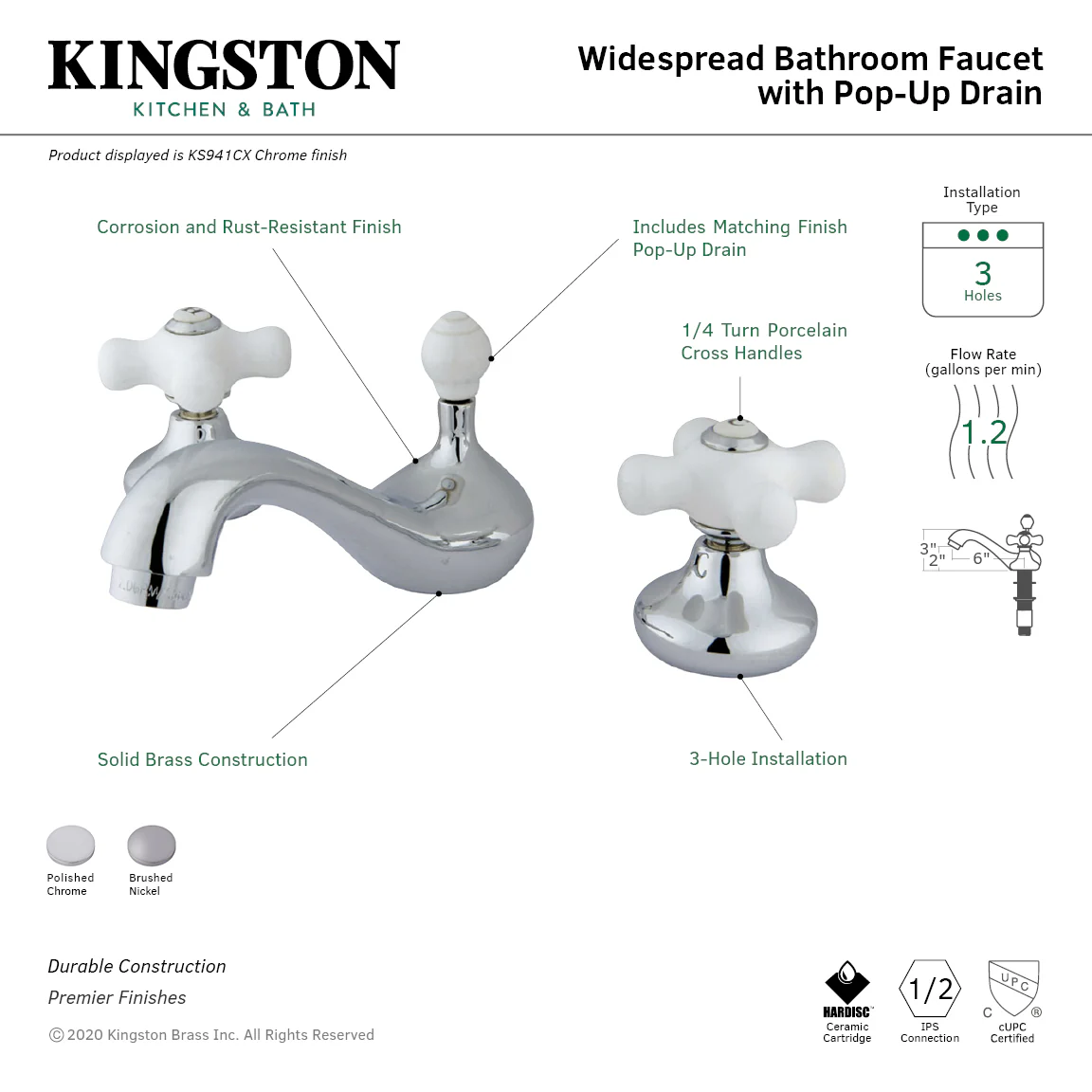 Kingston Heirloom KS941CX Two-Handle 3-Hole Deck Mount Widespread Bathroom Faucet with ABS Pop-Up Drain, Polished Chrome - Image 2