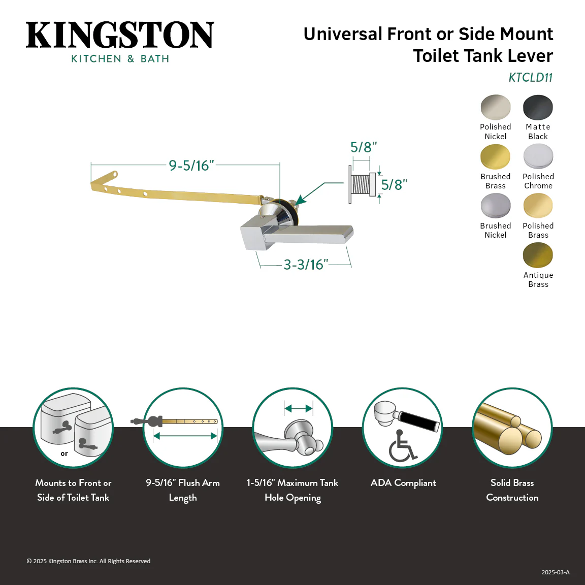 Kingston Sona KTCLD16 - Claremont Universal Front or Side Mount Toilet Tank Lever, Polished Nickel - Image 2