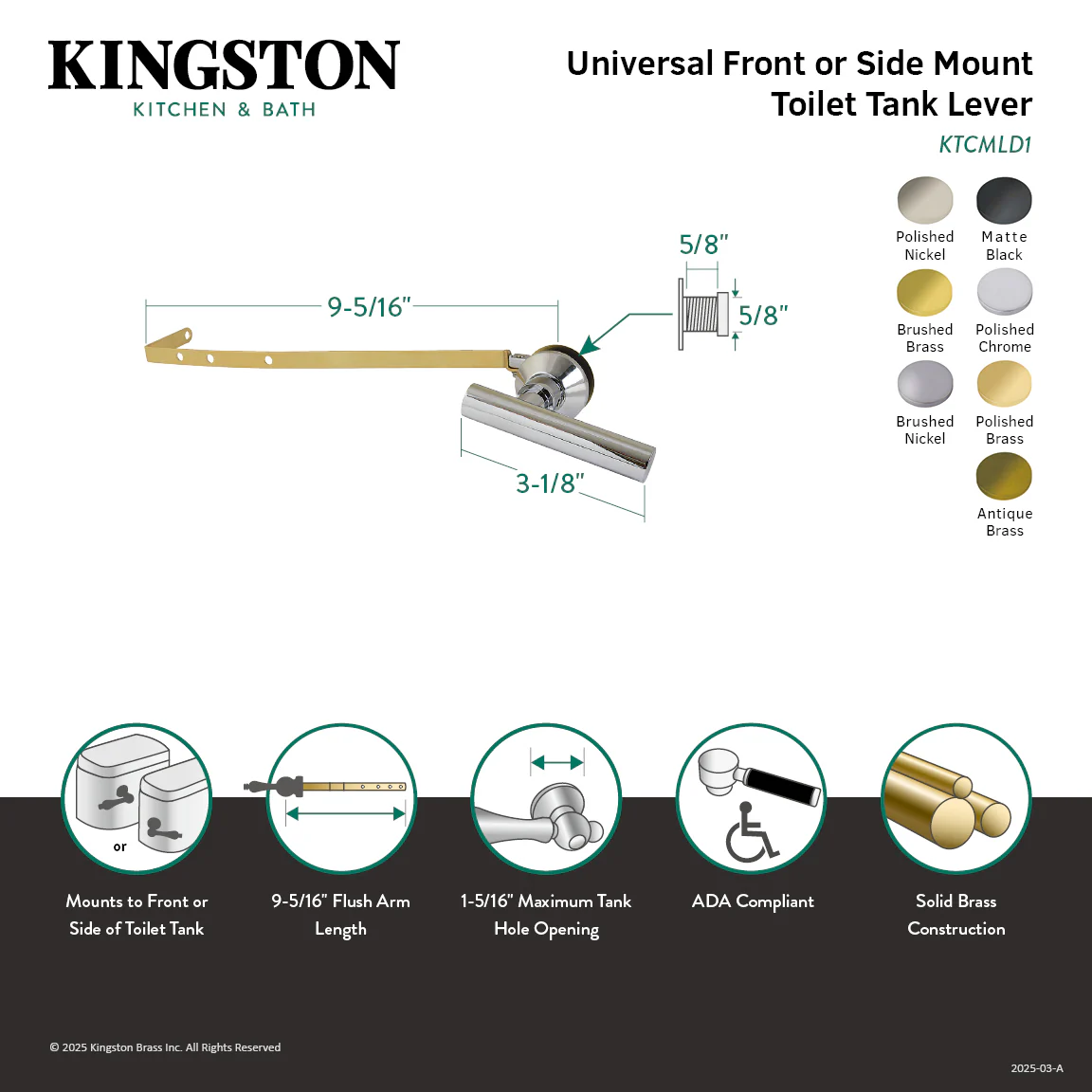 Kingston Sona KTCMLD8 - Manhattan Universal Front or Side Mount Toilet Tank Lever, Brushed Nickel - Image 2