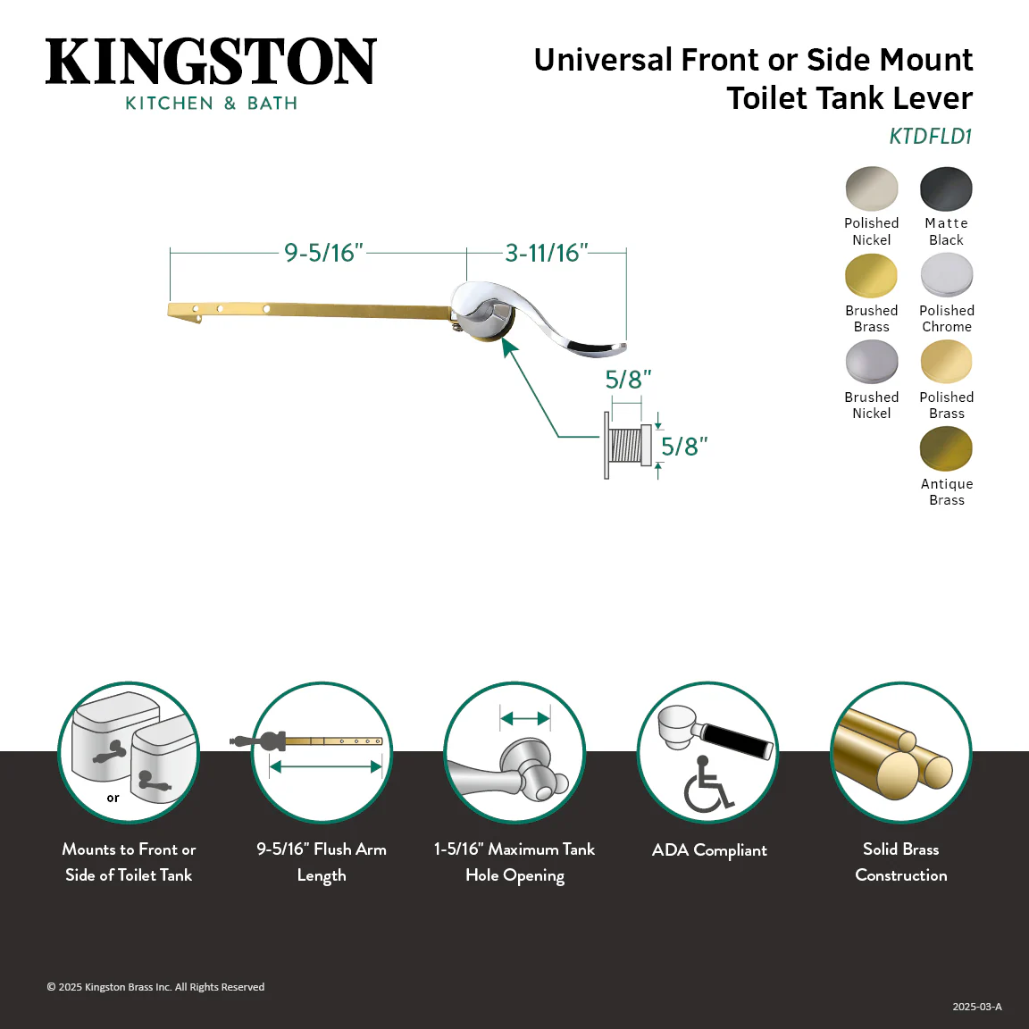 Kingston Tulare KTDFLD7 - NuWave Universal Front or Side Mount Toilet Tank Lever, Brushed Brass - Image 2