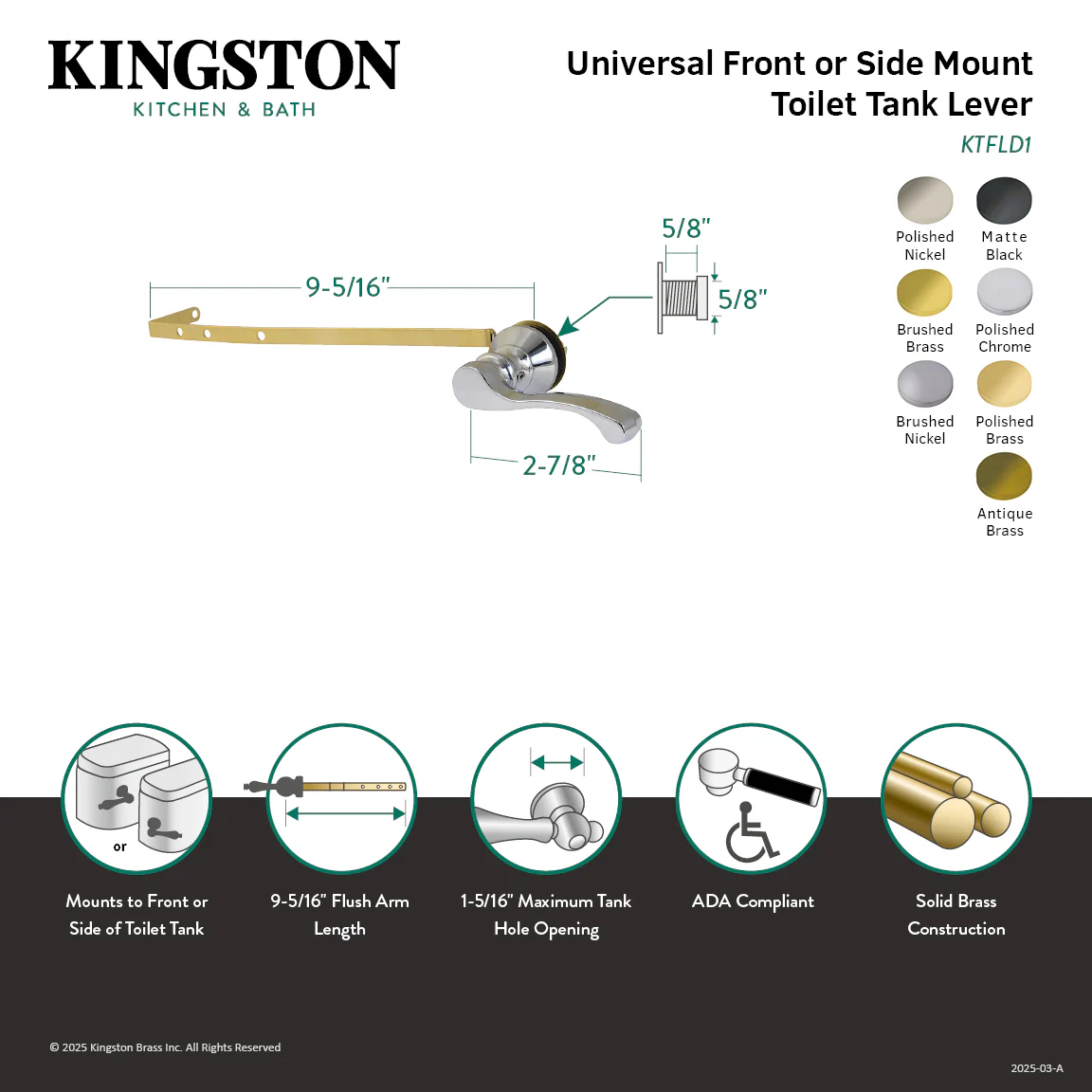 Kingston Tulare KTFLD7 - Royale Universal Front or Side Mount Toilet Tank Lever, Brushed Brass - Image 2