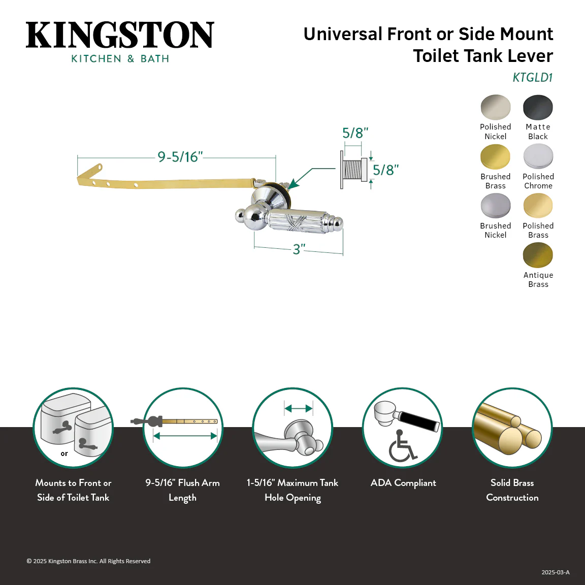 Kingston Heirloom KTGLD7 - Georgian Universal Front or Side Mount Toilet Tank Lever, Brushed Brass - Image 2