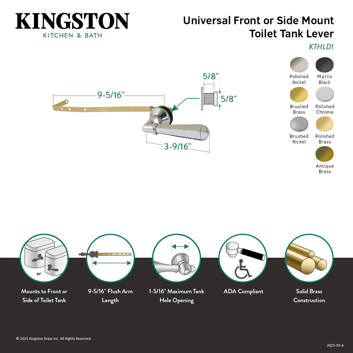 Kingston Tulare KTHLD8 - Metropolitan Universal Front or Side Mount Toilet Tank Lever, Brushed Nickel - Image 2