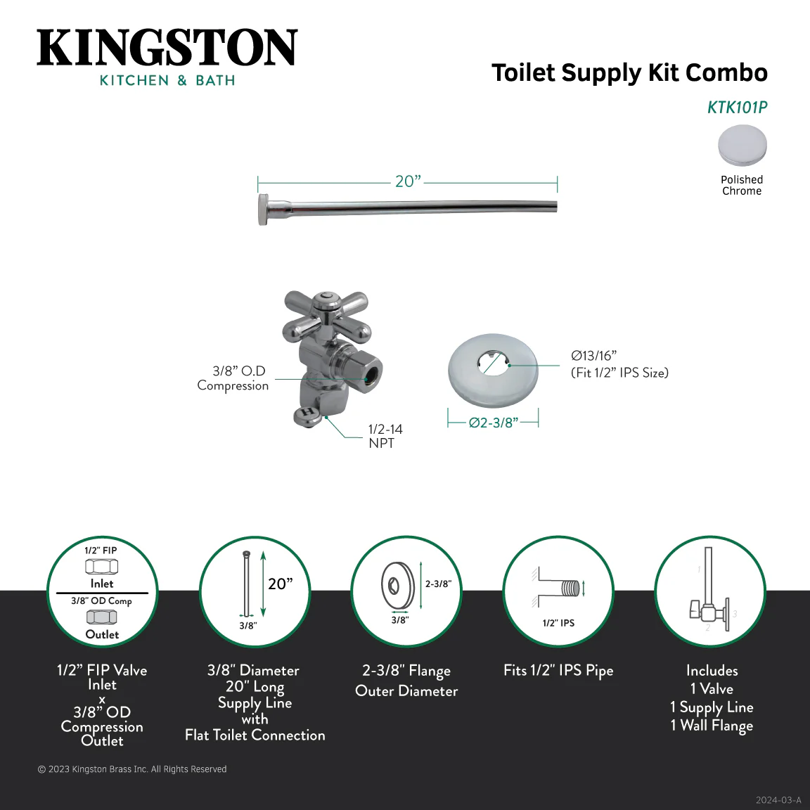 Kingston Heirloom KTK101P - Trimscape Toilet Supply Kit, 1/2-Inch IPS Inlet x 3/8-Inch Comp Outlet, Polished Chrome - Image 2