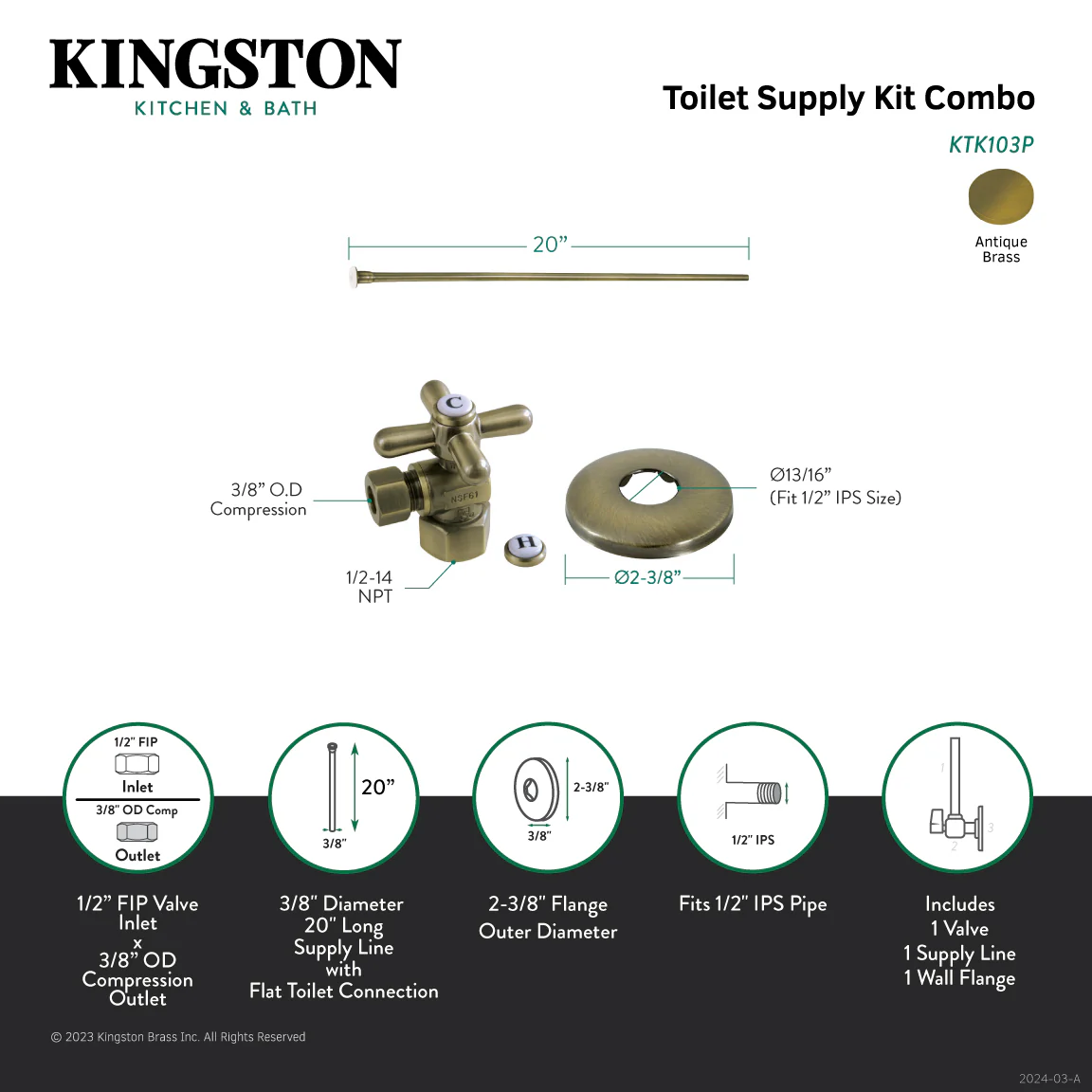 Kingston Heirloom KTK103P - Trimscape Toilet Supply Kit, 1/2-Inch IPS Inlet x 3/8-Inch Comp Outlet, Antique Brass - Image 2