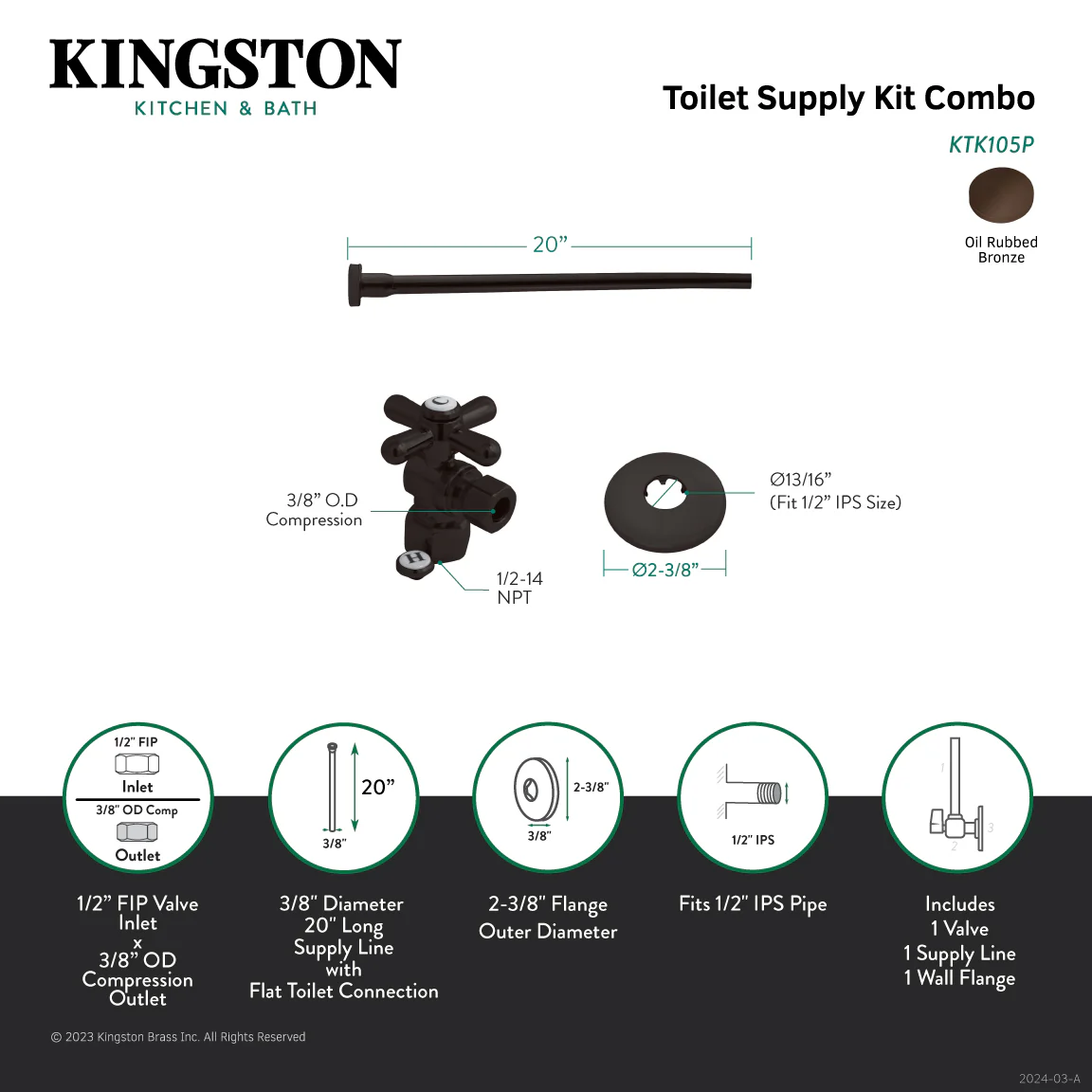 Kingston Heirloom KTK105P - Trimscape Toilet Supply Kit, 1/2-Inch IPS Inlet x 3/8-Inch Comp Outlet, Oil Rubbed Bronze - Image 2
