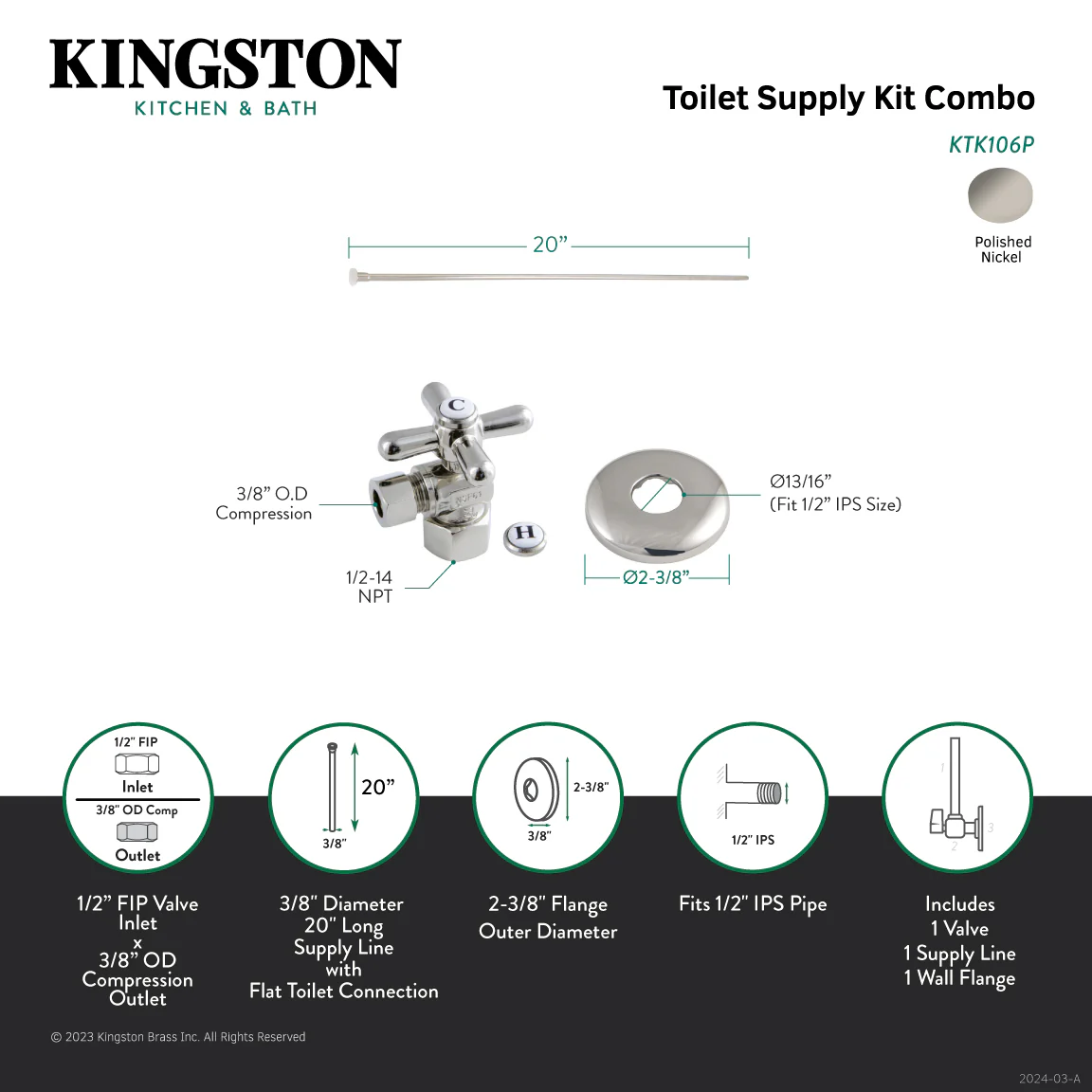 Kingston Heirloom KTK106P - Trimscape Toilet Supply Kit, 1/2-Inch IPS Inlet x 3/8-Inch Comp Outlet, Polished Nickel - Image 2