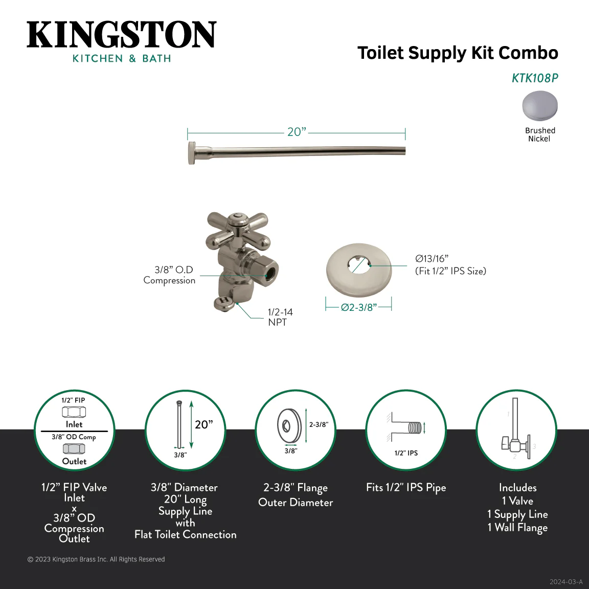 Kingston Heirloom KTK108P - Trimscape Toilet Supply Kit, 1/2-Inch IPS Inlet x 3/8-Inch Comp Outlet, Brushed Nickel - Image 2
