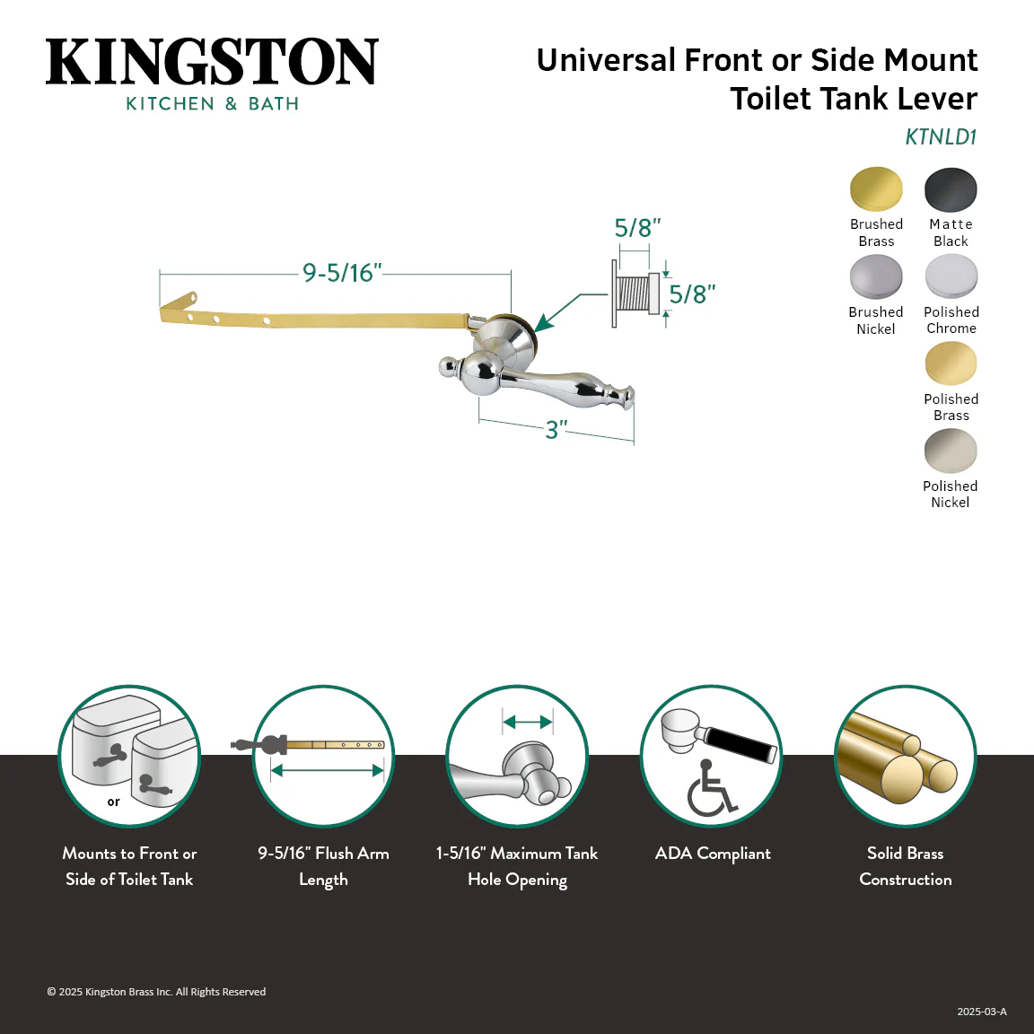 Kingston Heirloom KTNLD8 - Naples Universal Front or Side Mount Toilet Tank Lever, Brushed Nickel - Image 2
