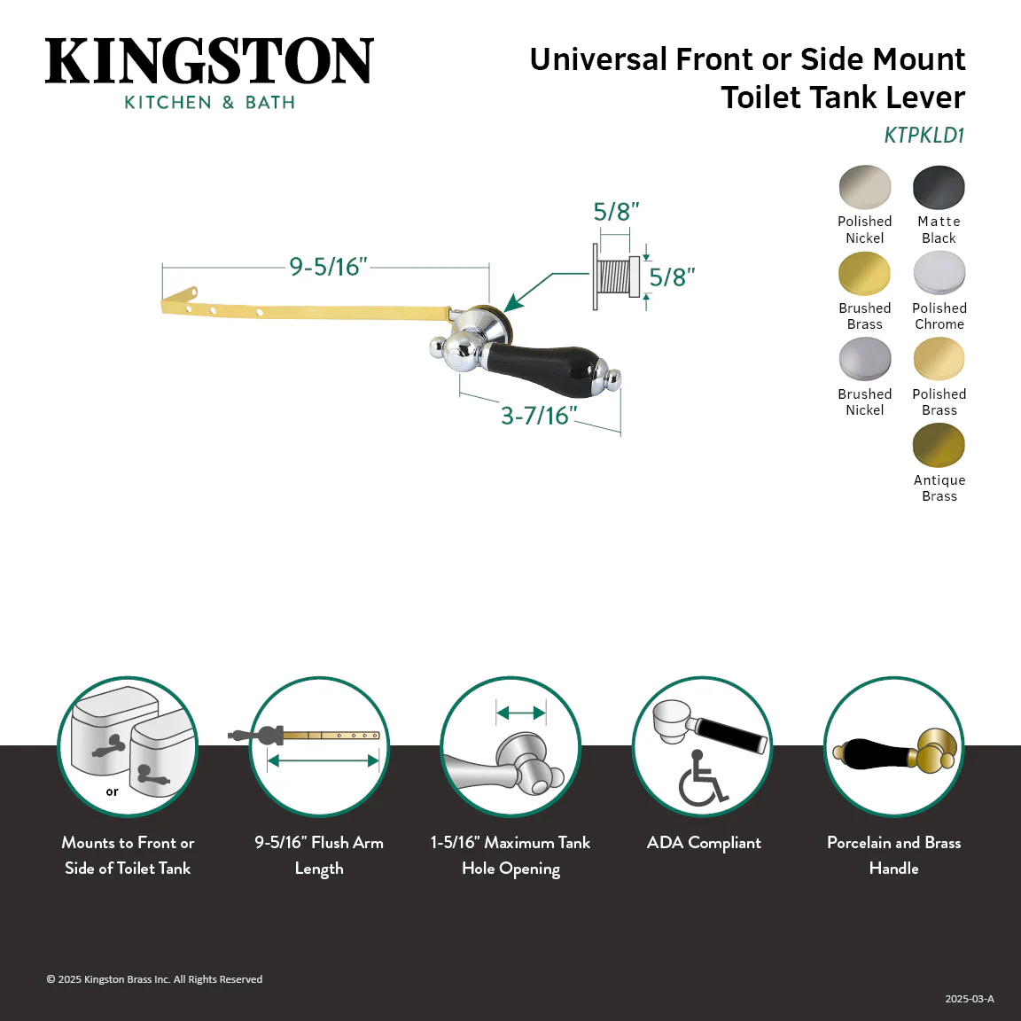 Kingston Heirloom KTPKLD7 - Duchess Universal Front or Side Mount Toilet Tank Lever, Brushed Brass - Image 2
