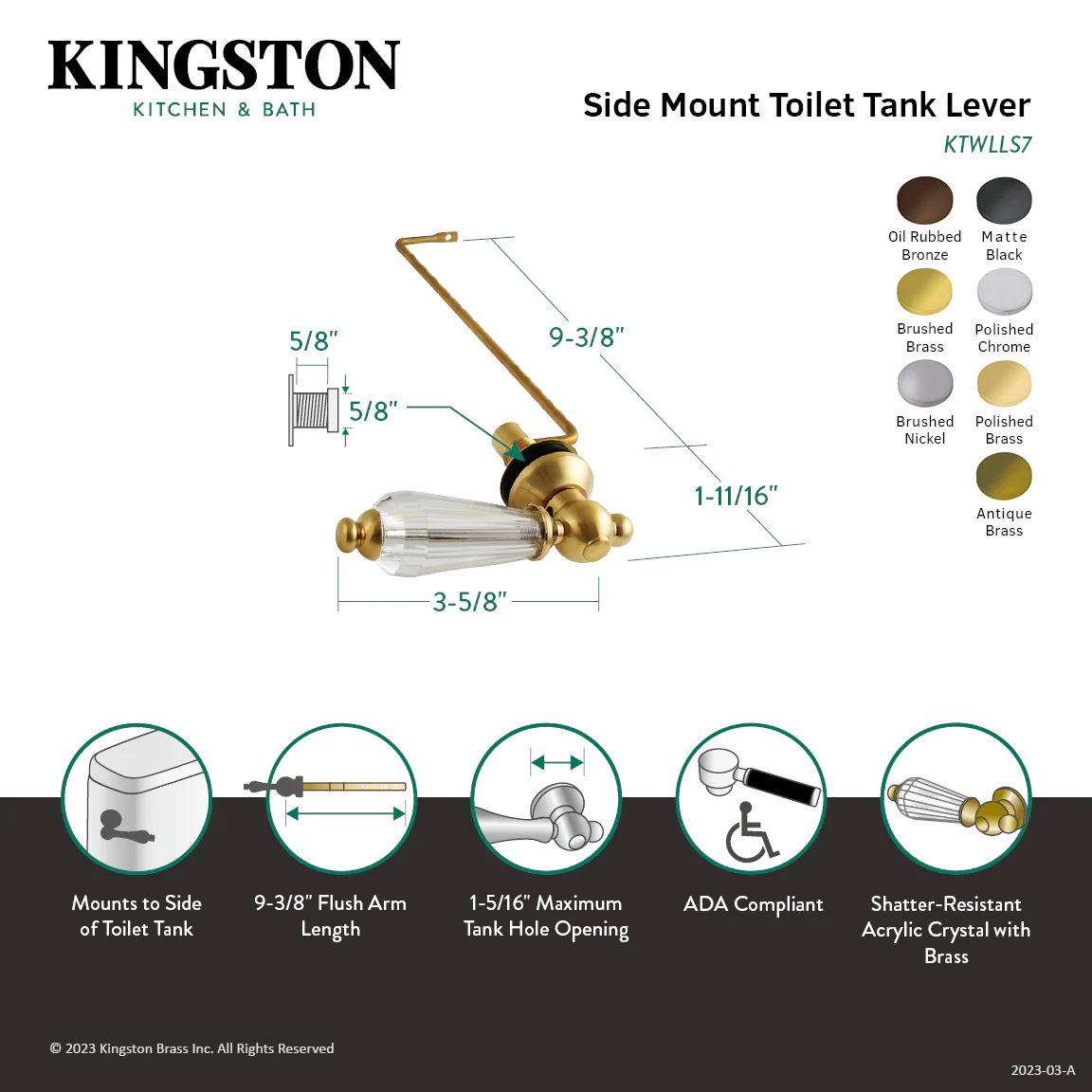 Kingston Heirloom KTWLLS7 - Wilshire Side Mount Toilet Tank Lever, Brushed Brass - Image 2