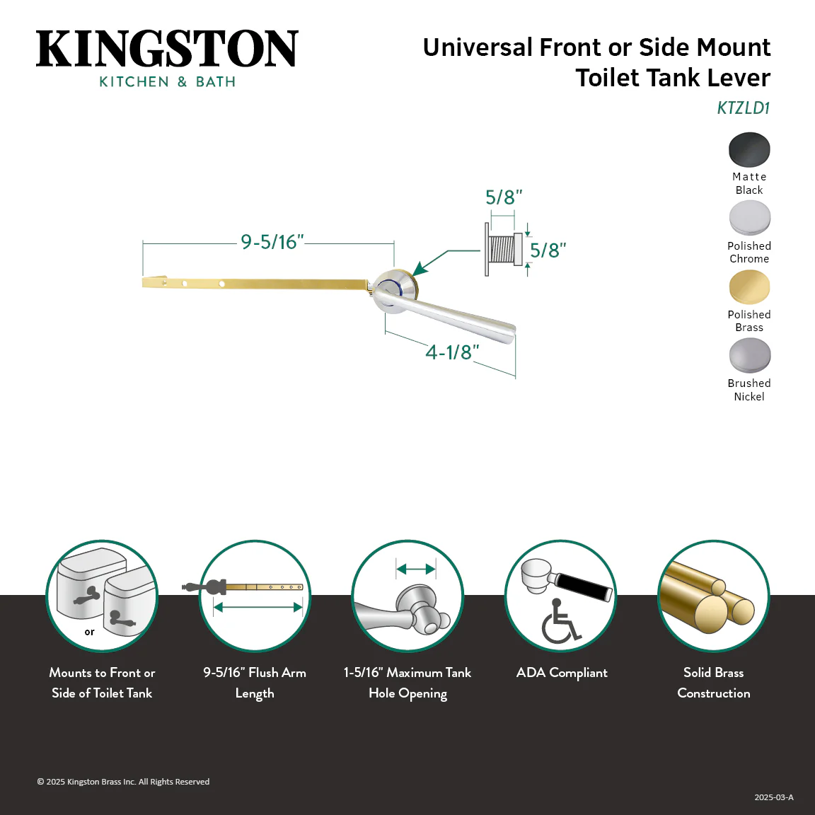 Kingston Tulare KTZLD8 - Silver Sage Universal Front or Side Mount Toilet Tank Lever, Brushed Nickel - Image 2