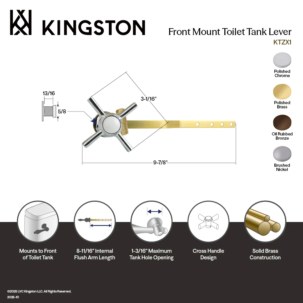 Kingston Tulare KTZX2 - Millennium Front Mount Toilet Tank Lever, Polished Brass - Image 2