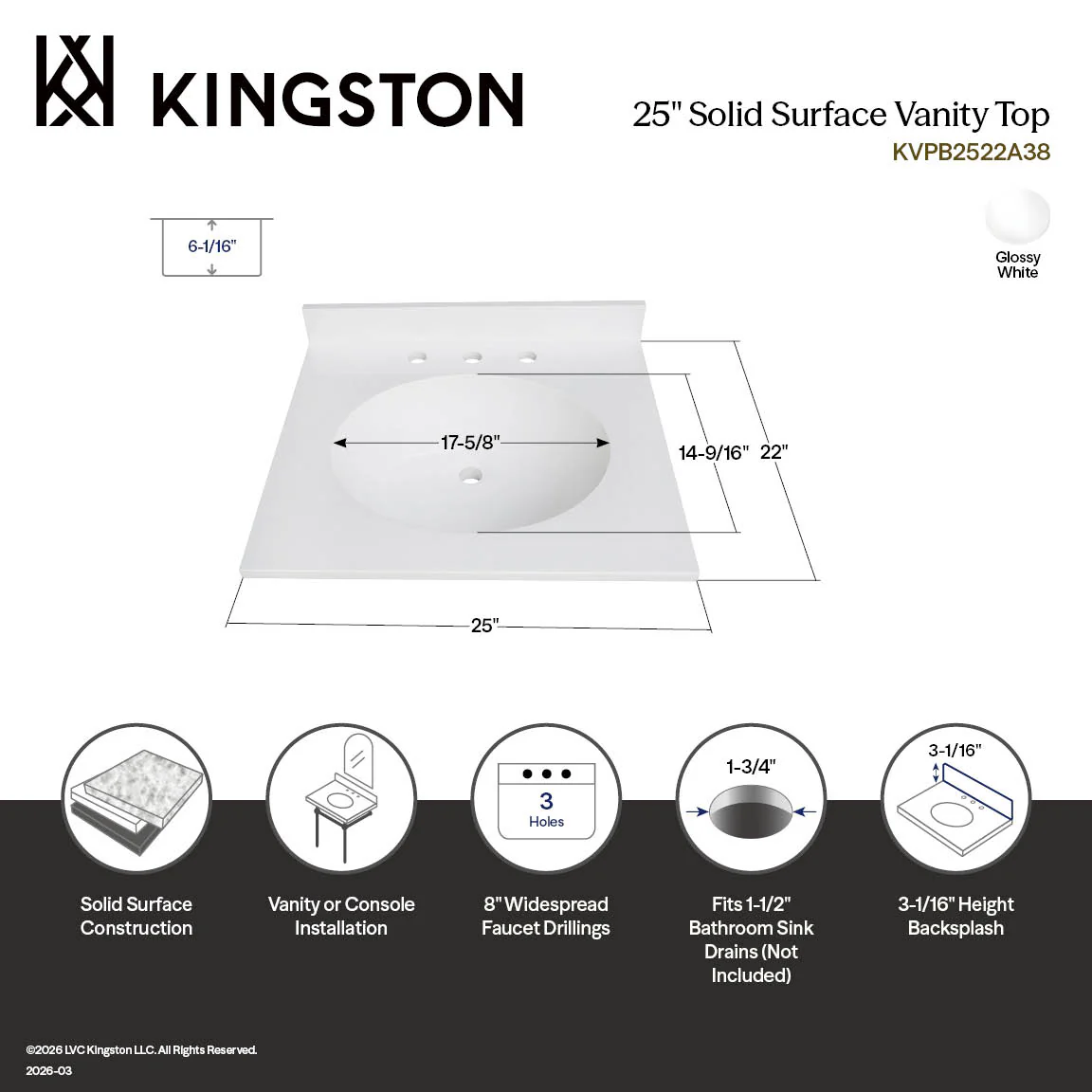 Kingston Sona KVPB2522A38 - Wimbeldon 25-Inch Solid Surface Vanity Top (8" Faucet Drillings), Glossy White - Image 2