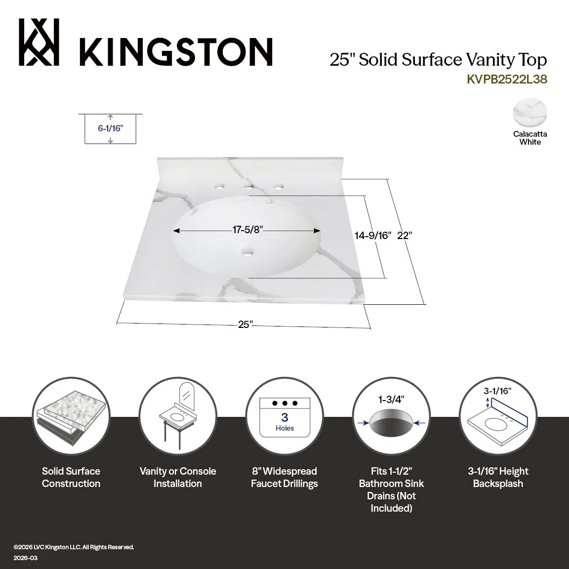 Kingston Sona KVPB2522L38 - Norbiton 25-Inch Solid Surface Vanity Top (8" Faucet Drillings), Calacatta Marble Glossy White - Image 2
