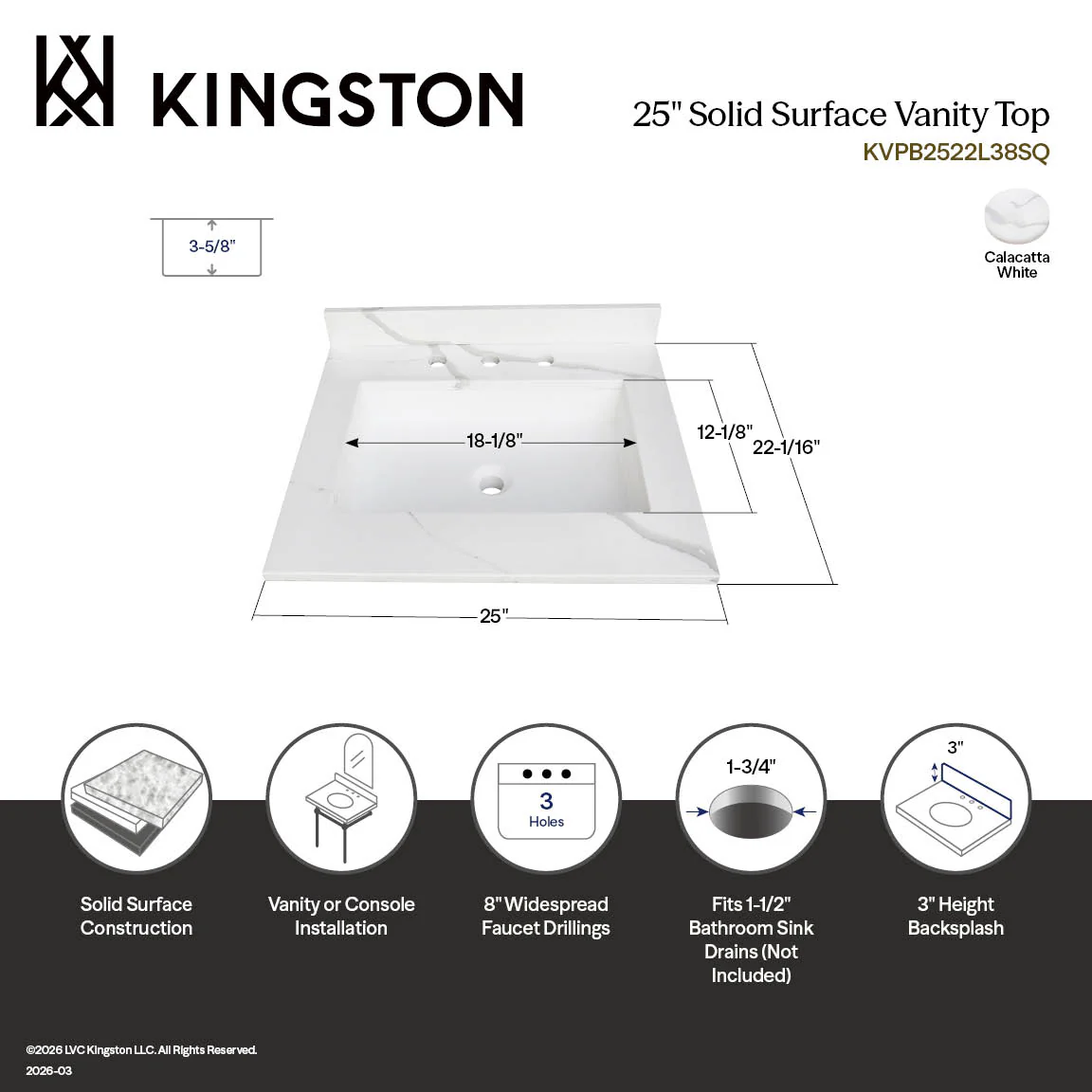 Kingston Sona KVPB2522L38SQ - Montesquieu 25-Inch Solid Surface Vanity Top (8" Faucet Drillings), Calacatta Marble White/Glossy - Image 2